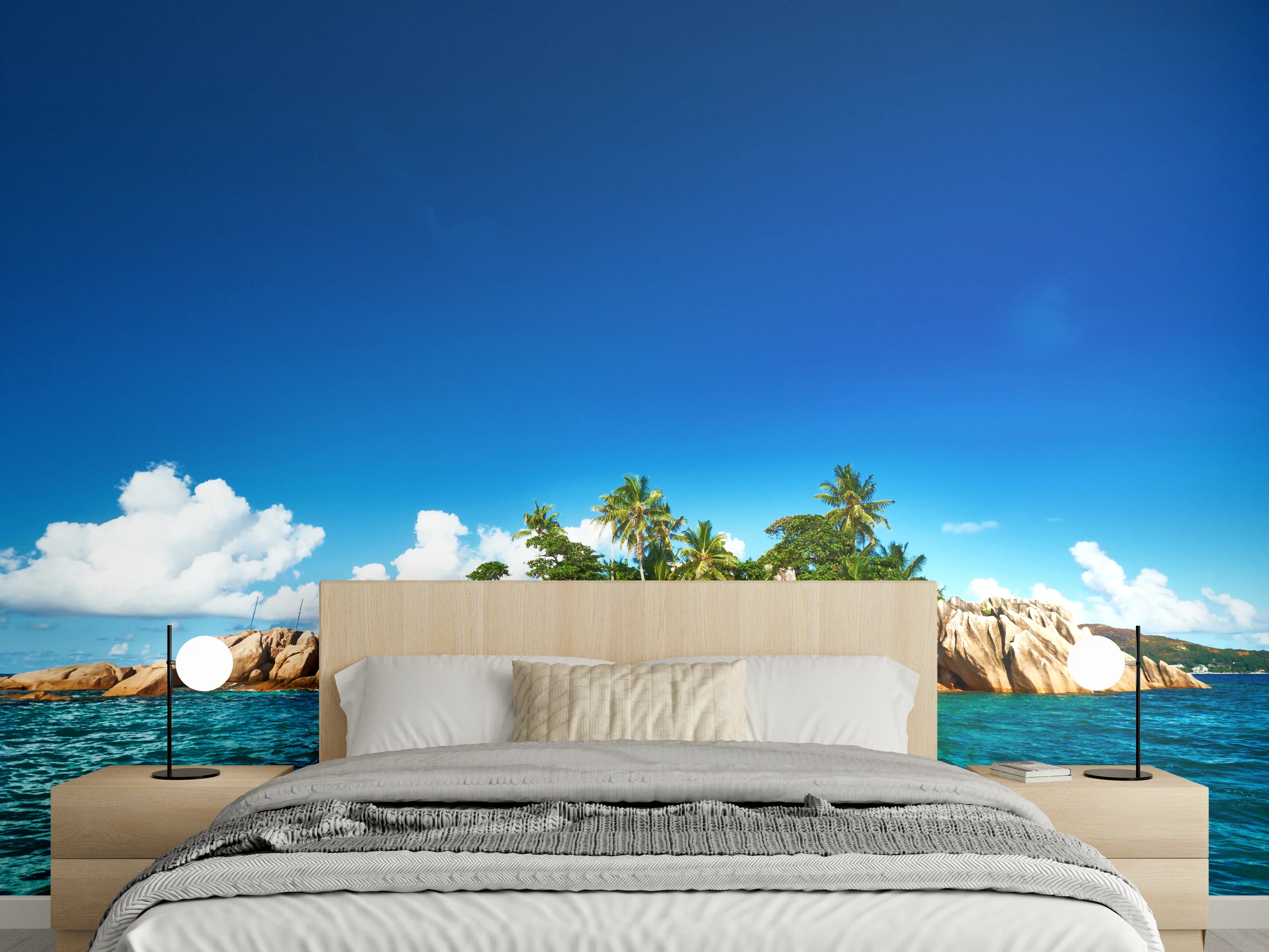 Wandverkleidung Schlafzimmer - Tropische Insel – Palmen und türkisblaues Meer