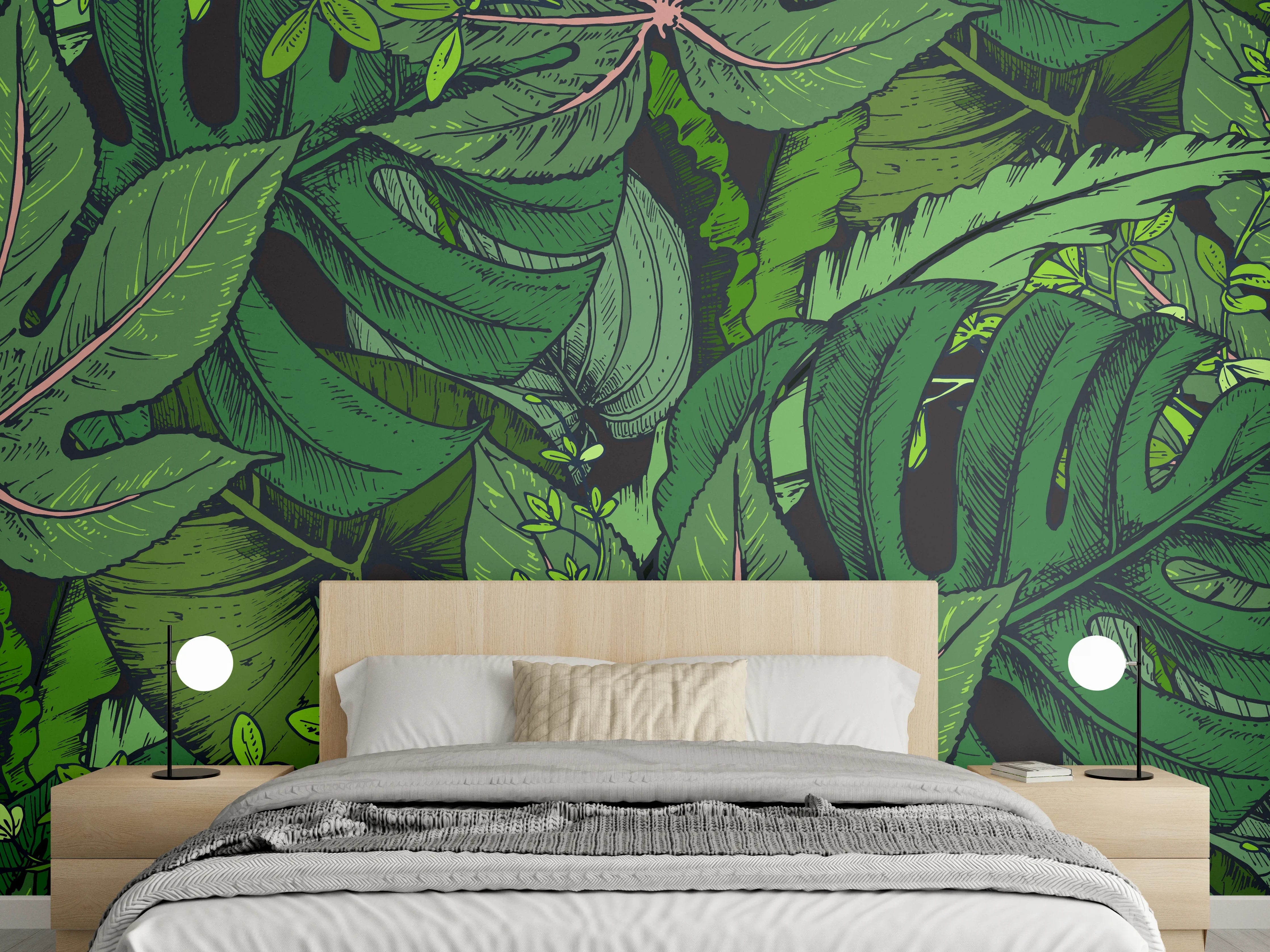 Wandverkleidung Schlafzimmer - Tropische Monstera-Blätter Grün