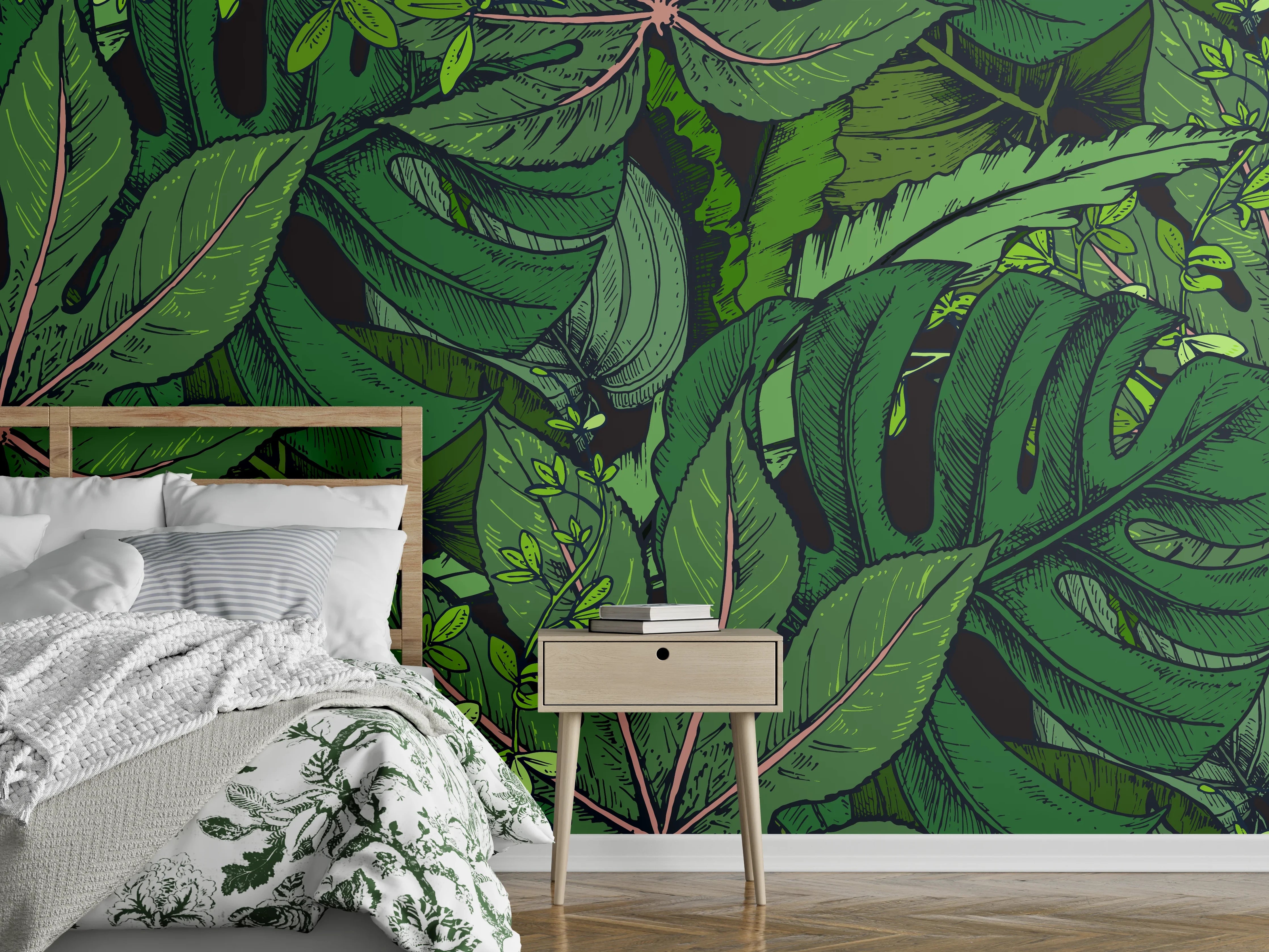 Wandverkleidung Schlafzimmer - Tropische Monstera-Blätter Grün