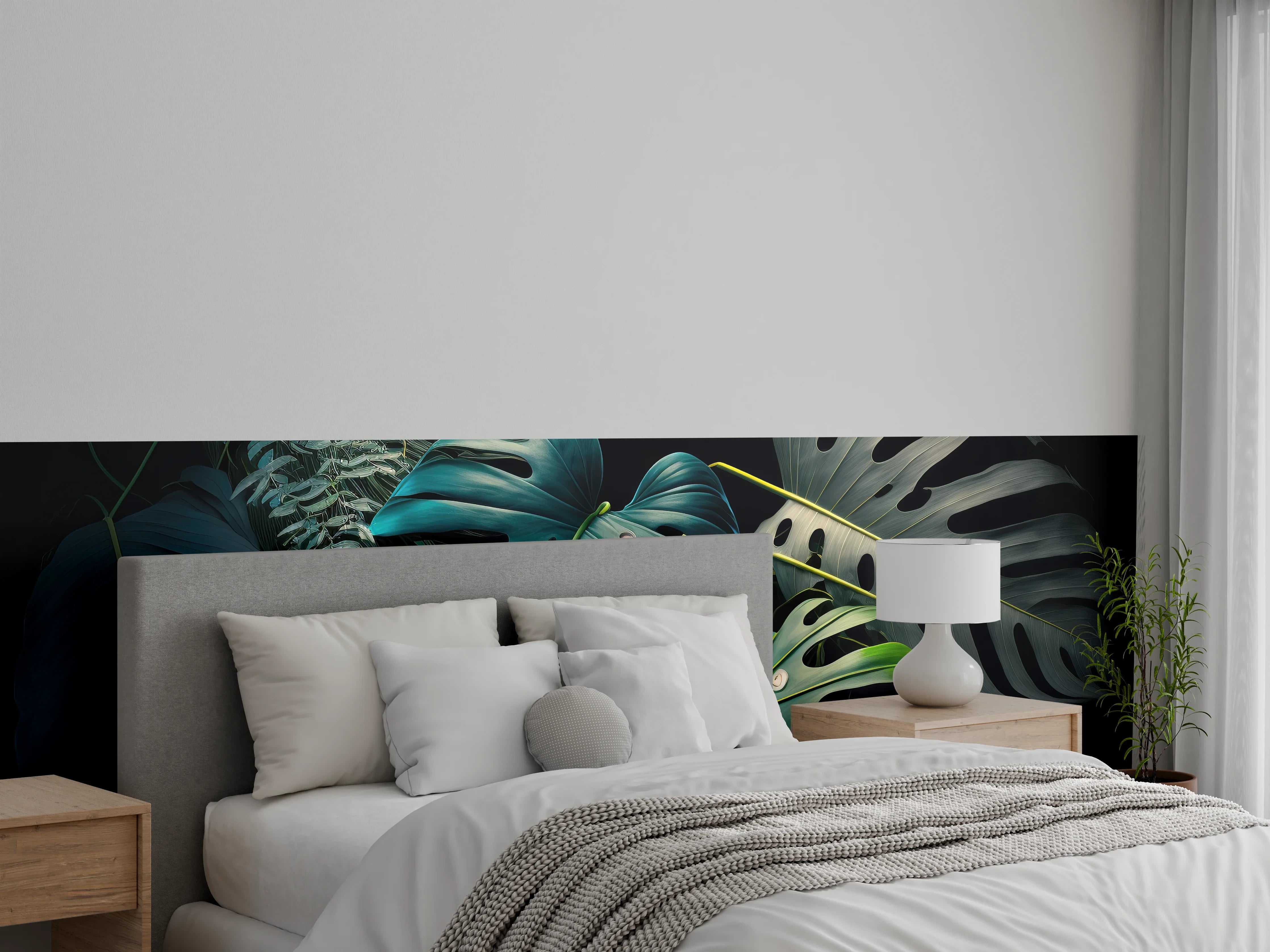 Wandverkleidung Schlafzimmer - Tropische Monsterablätter auf dunklem Grund