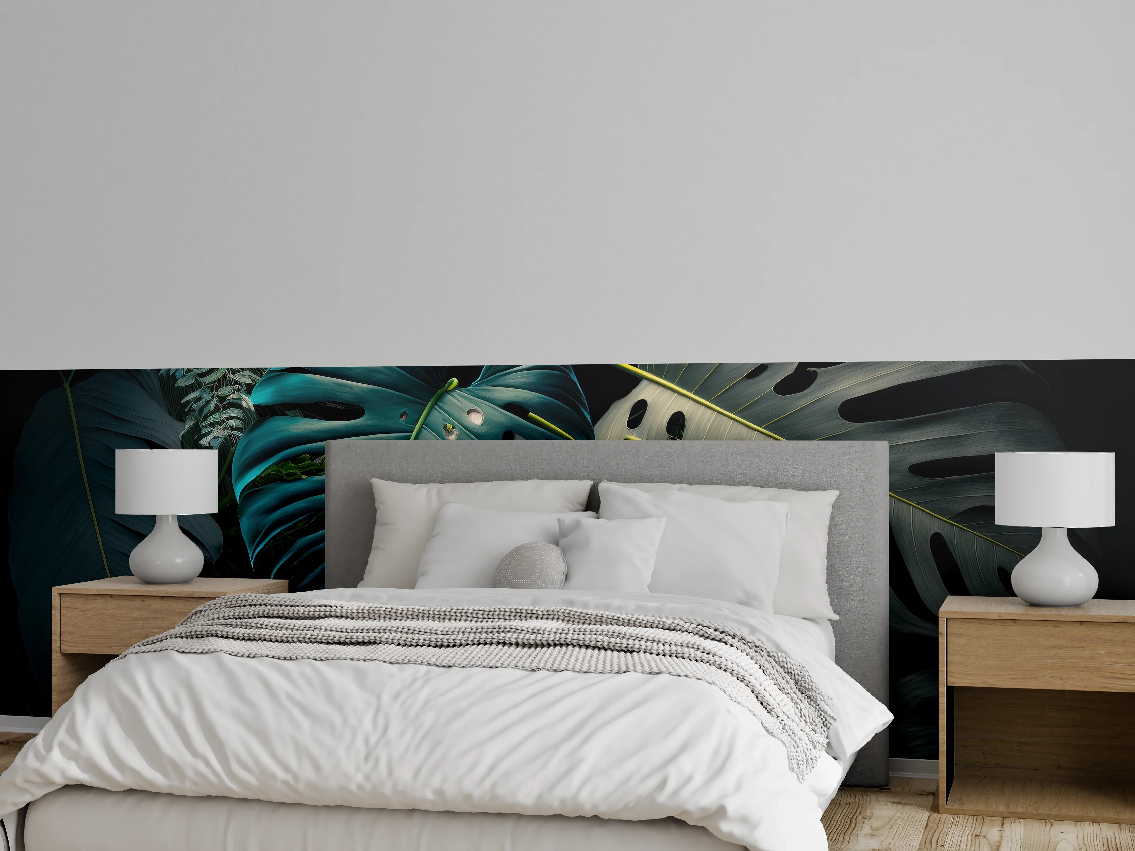 Wandverkleidung Schlafzimmer - Tropische Monsterablätter auf dunklem Grund