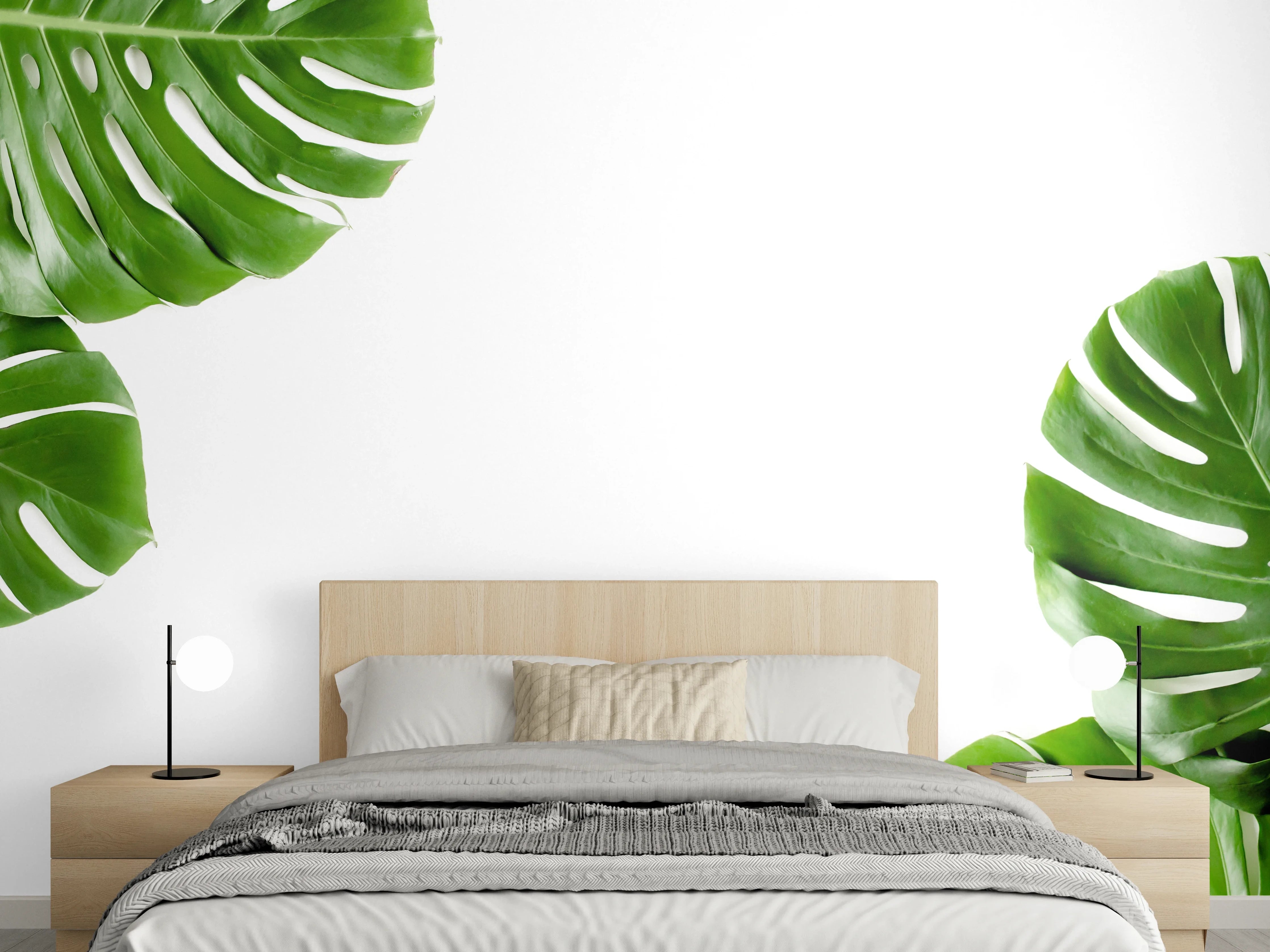 Wandverkleidung Schlafzimmer - Tropische Palmenblätter auf weißem Hintergrund