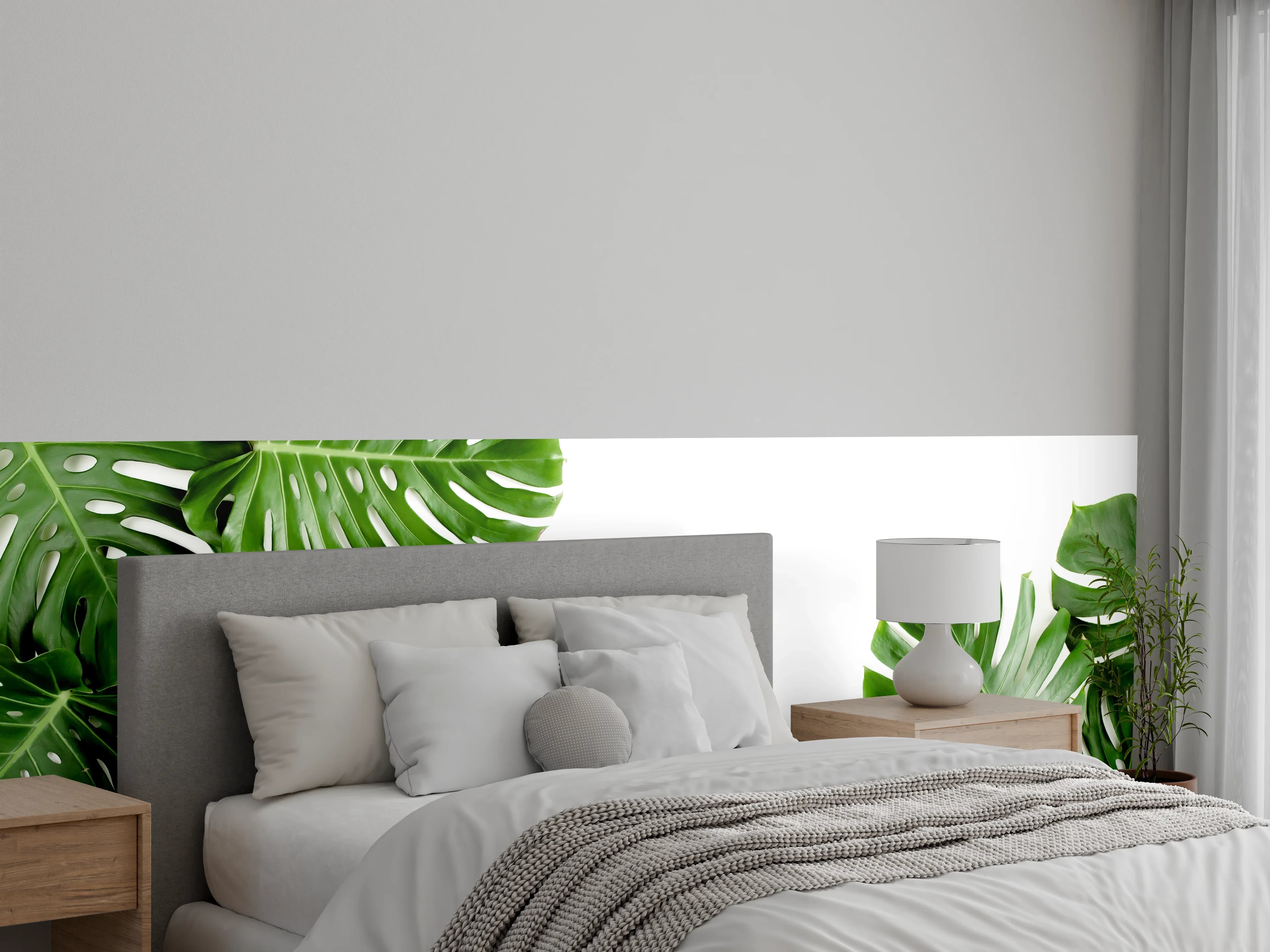 Wandverkleidung Schlafzimmer - Tropische Palmenblätter auf weißem Hintergrund