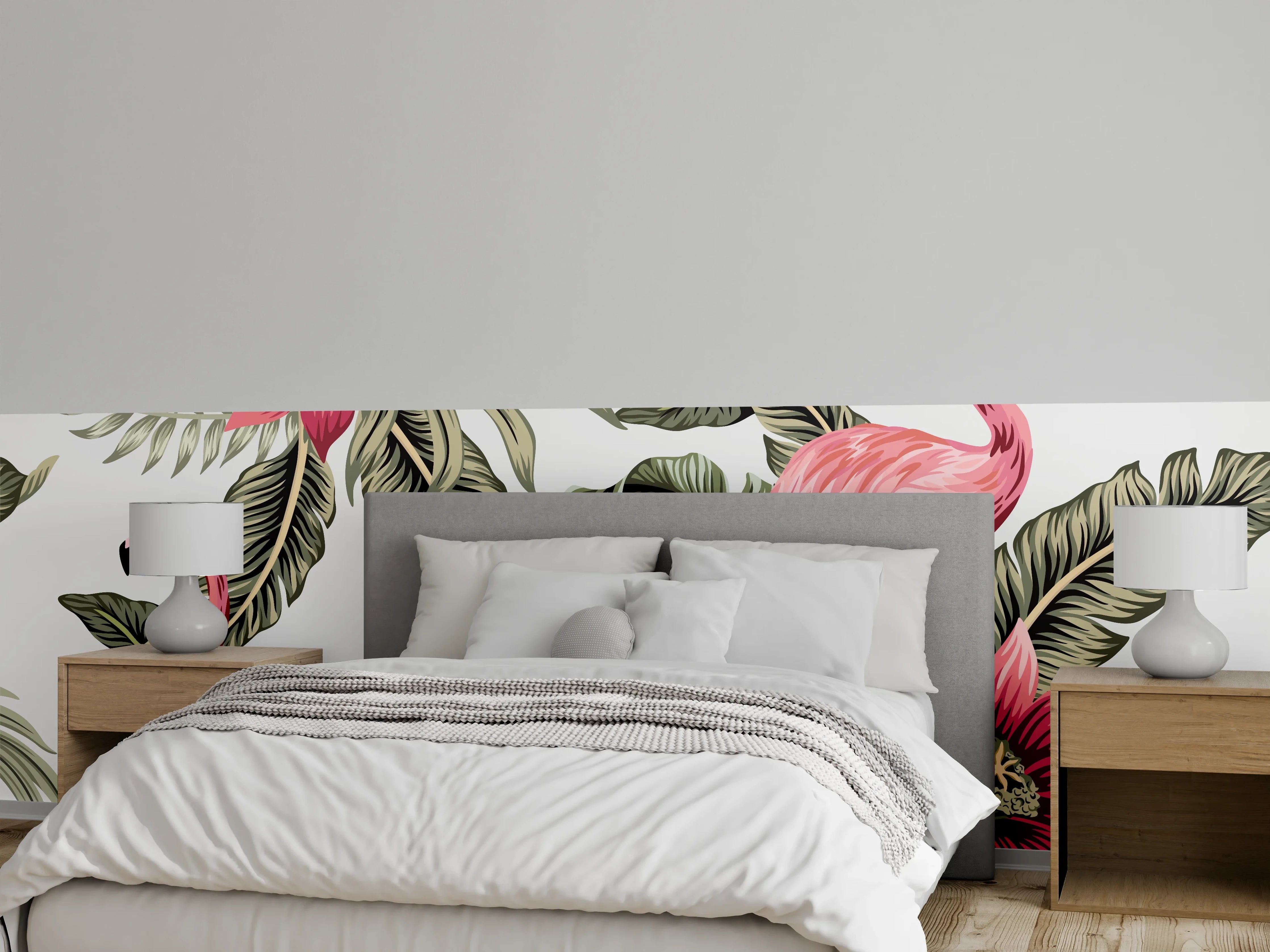 Wandverkleidung Schlafzimmer - Tropischer Flamingo-Blumen-Print