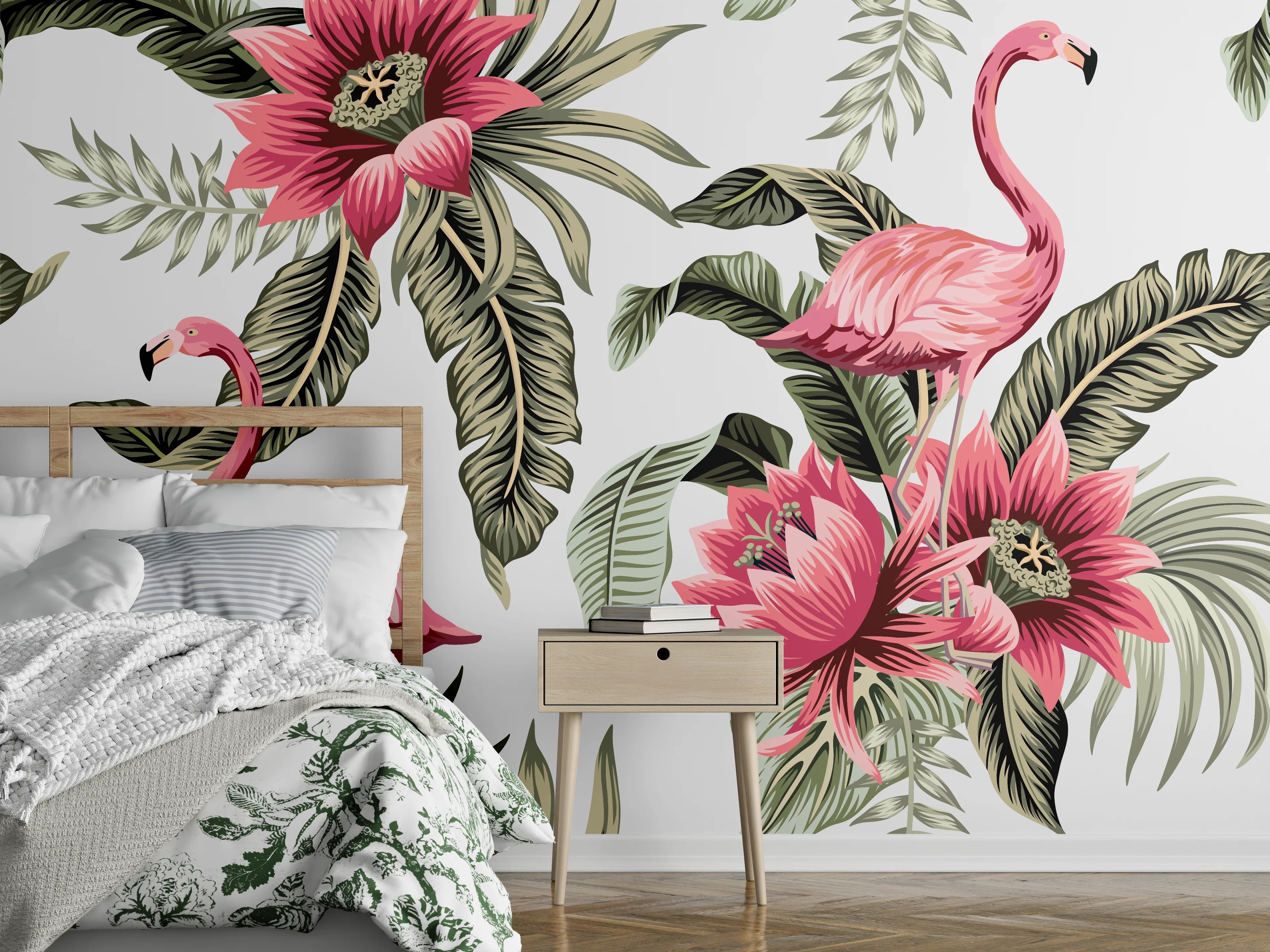 Wandverkleidung Schlafzimmer - Tropischer Flamingo-Blumen-Print