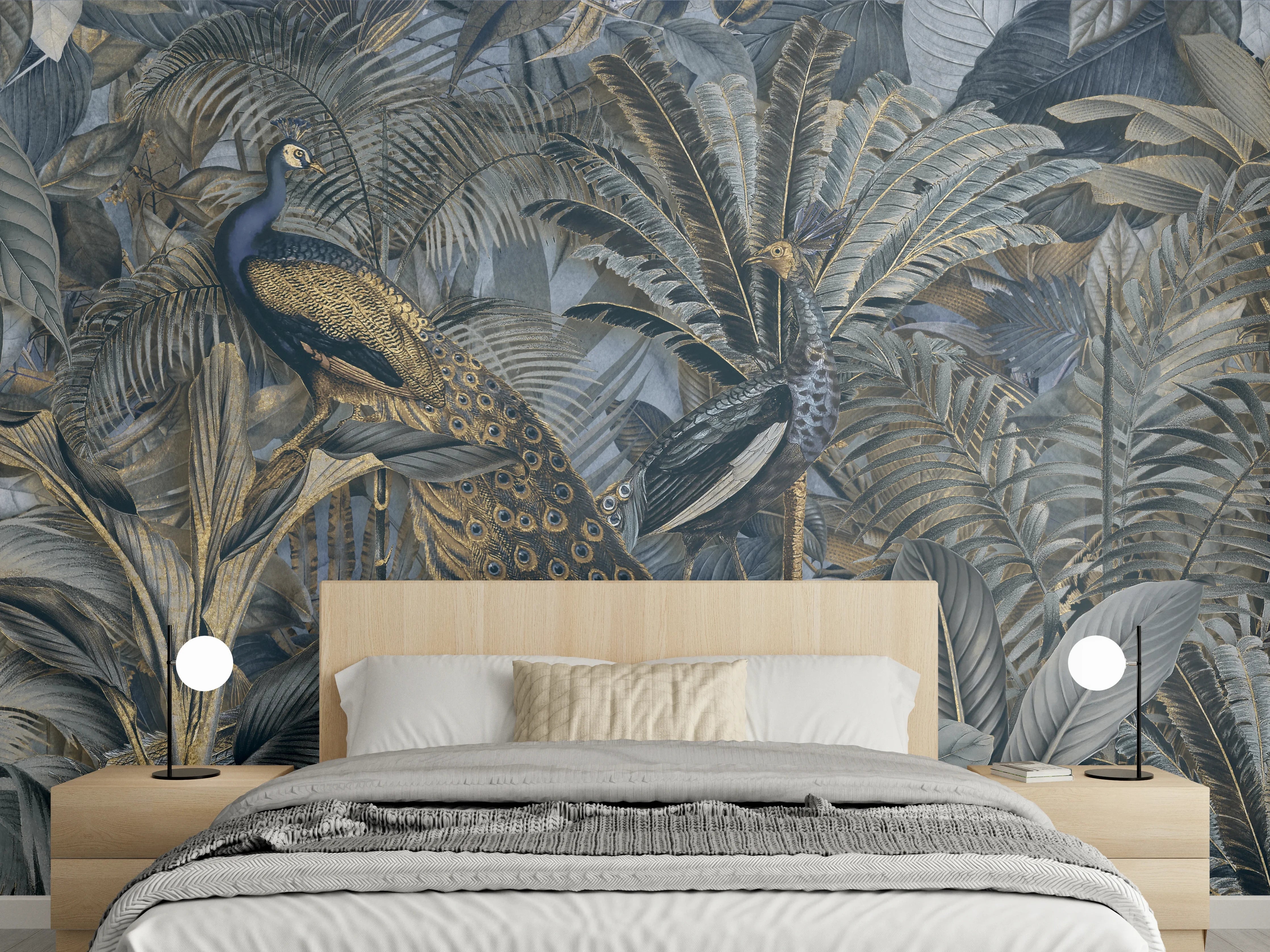 Wandverkleidung Schlafzimmer - Tropischer Garten - Pfau