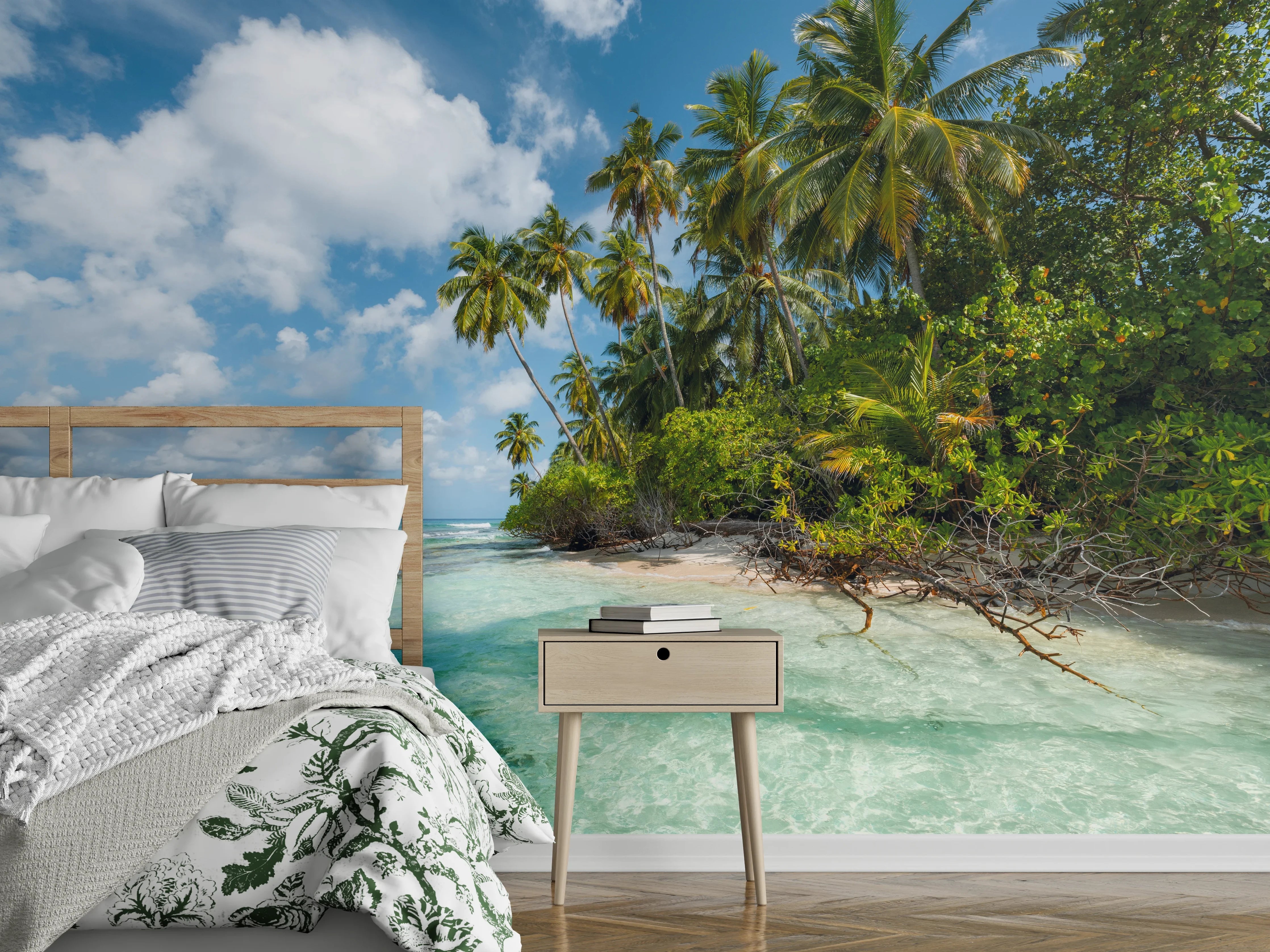 Wandverkleidung Schlafzimmer - Tropischer Traumstrand – Palmen und türkisblaues Wasser