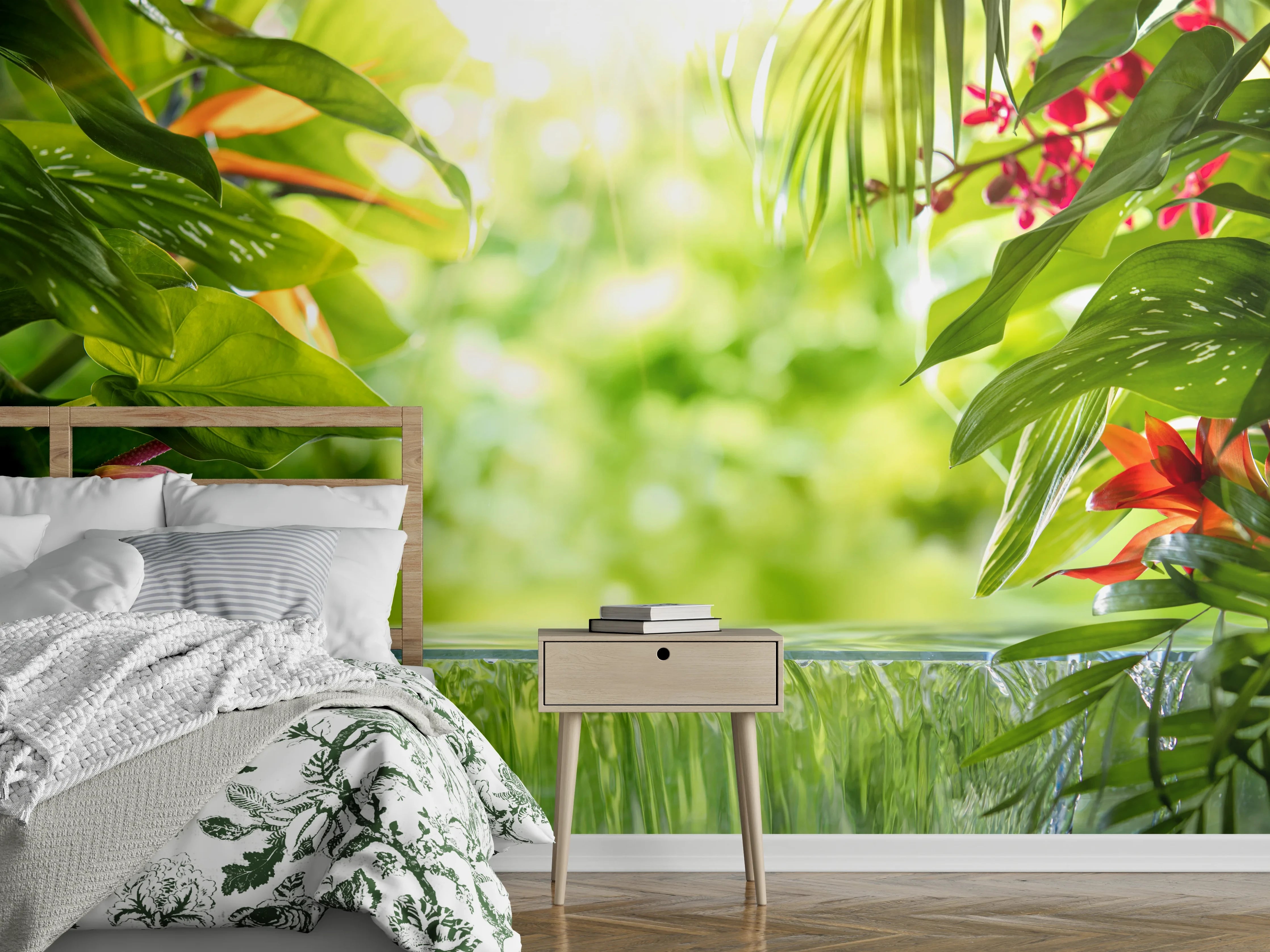 Wandverkleidung Schlafzimmer - Tropischer Wasserfall mit Blüten