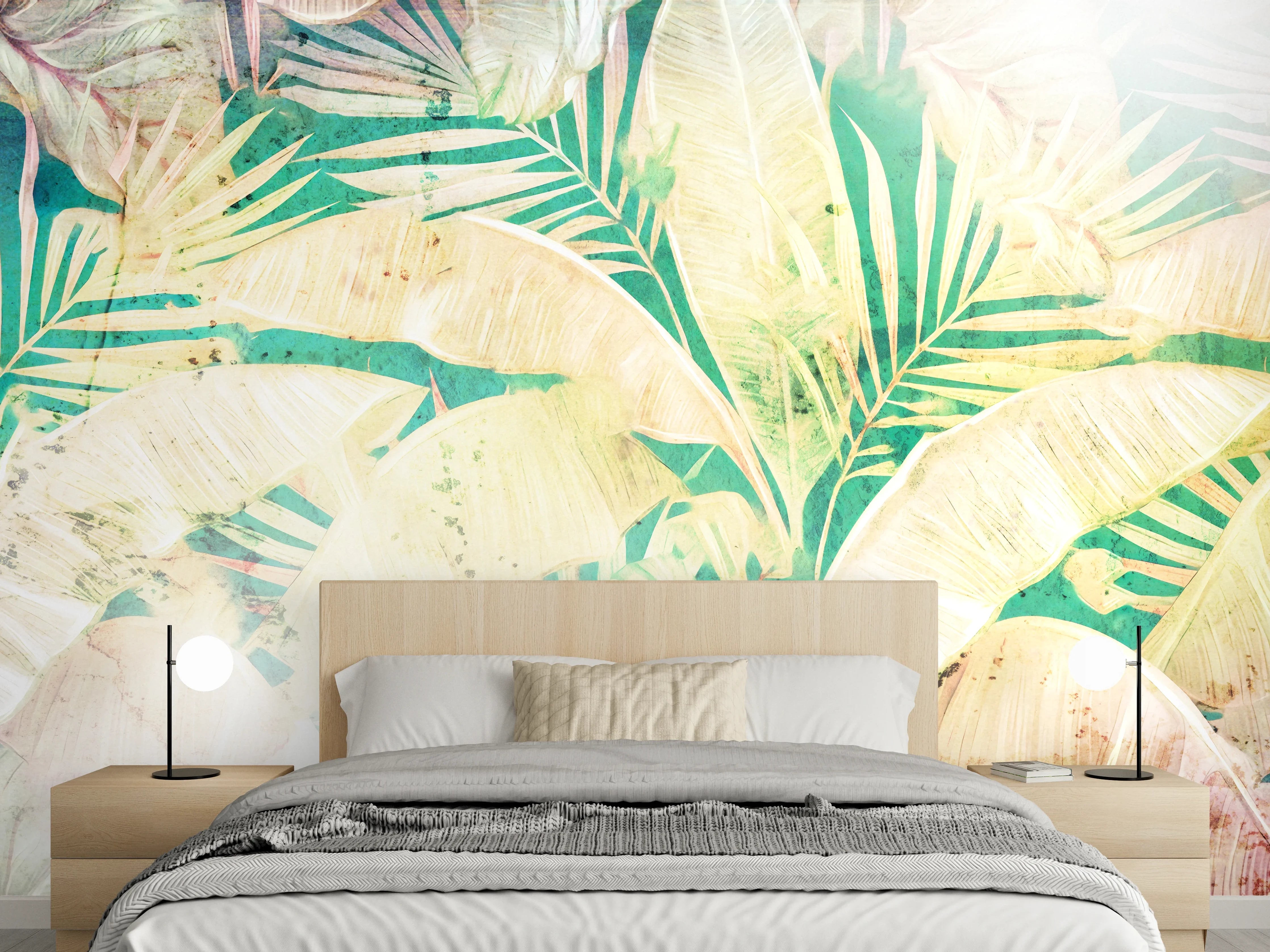 Wandverkleidung Schlafzimmer - Tropisches Blättermuster Aquarell Wandbild