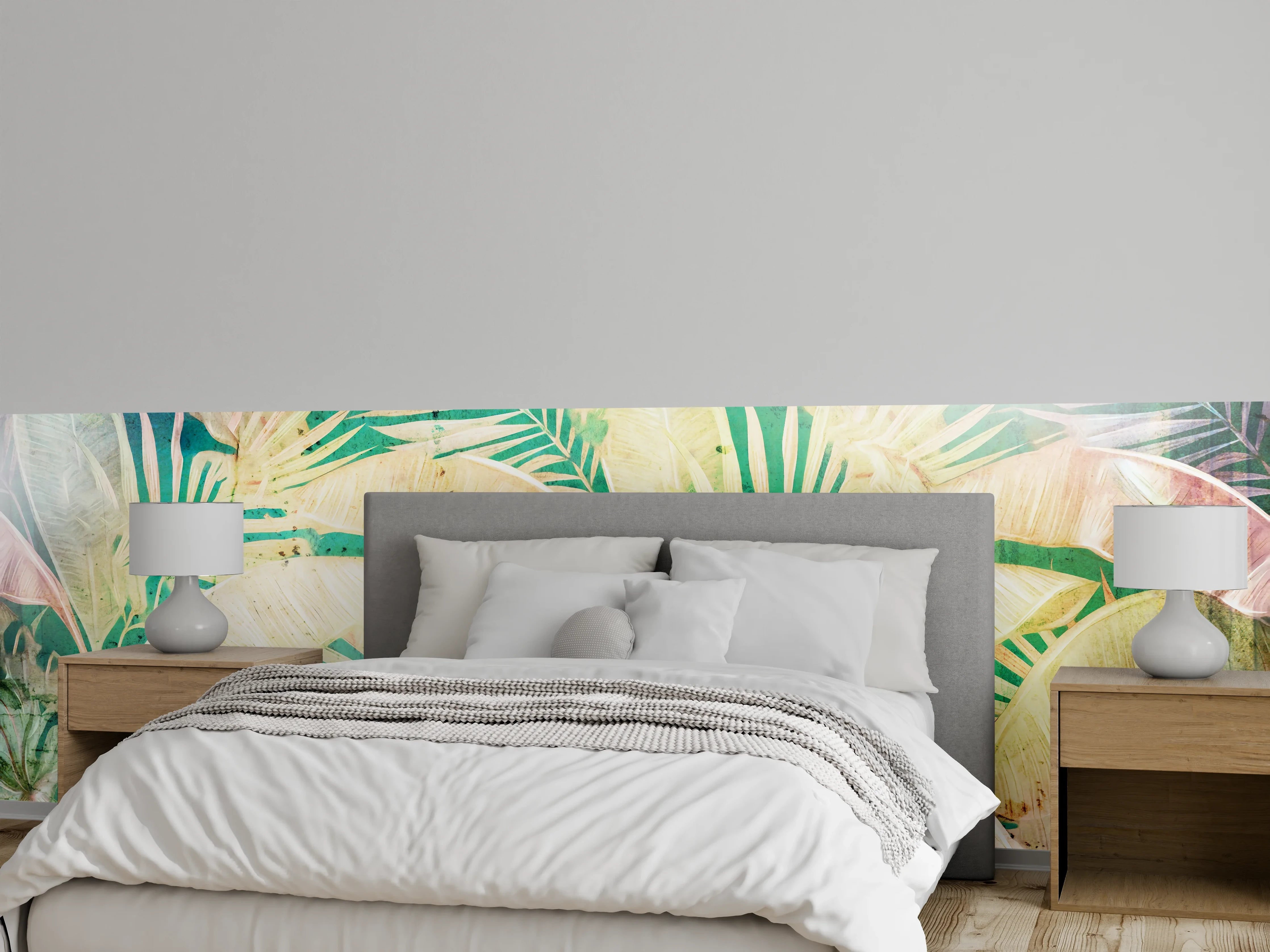Wandverkleidung Schlafzimmer - Tropisches Blättermuster Aquarell Wandbild