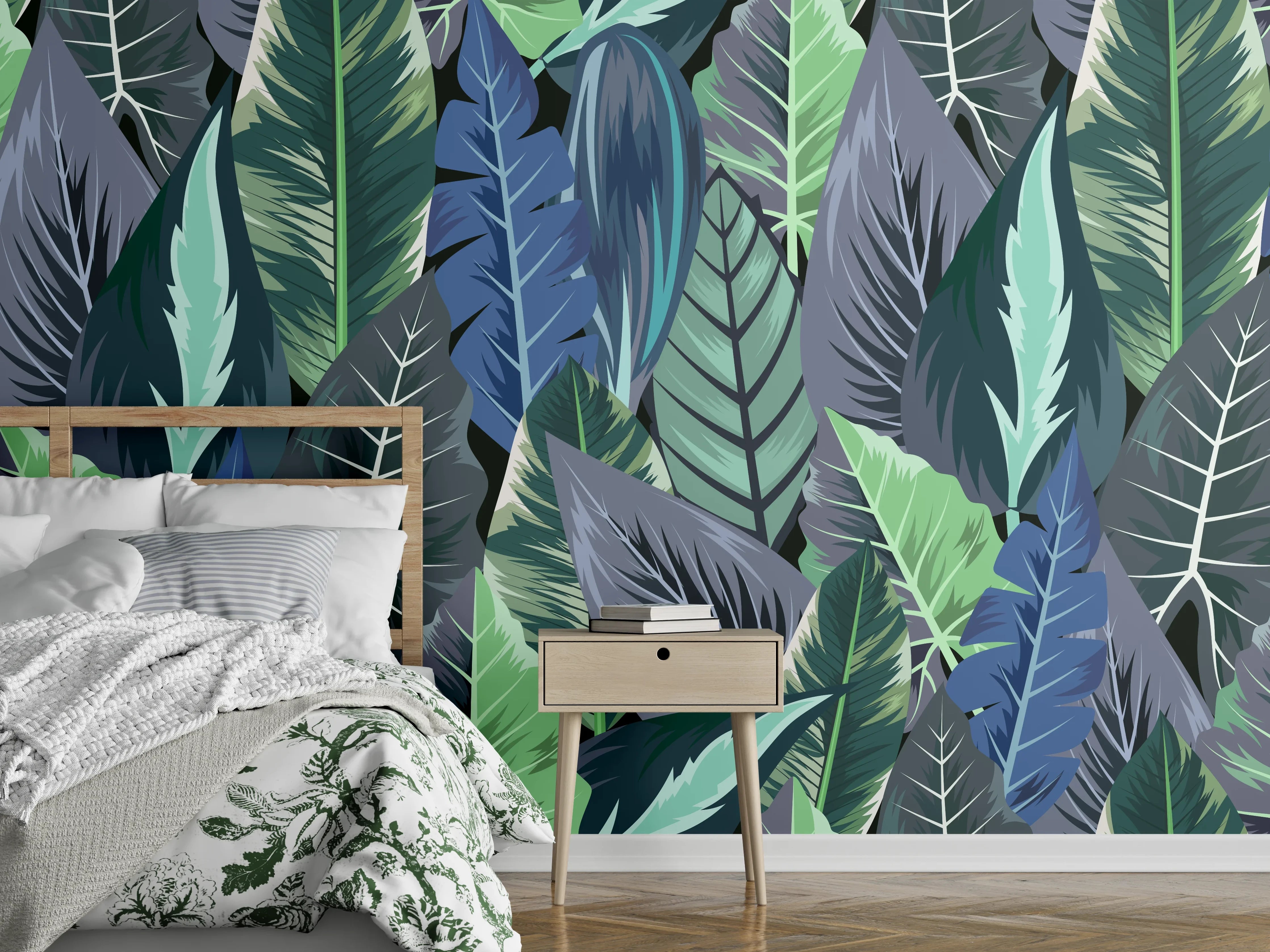 Wandverkleidung Schlafzimmer - Tropisches Blatt-Labyrinth Grün-Blau
