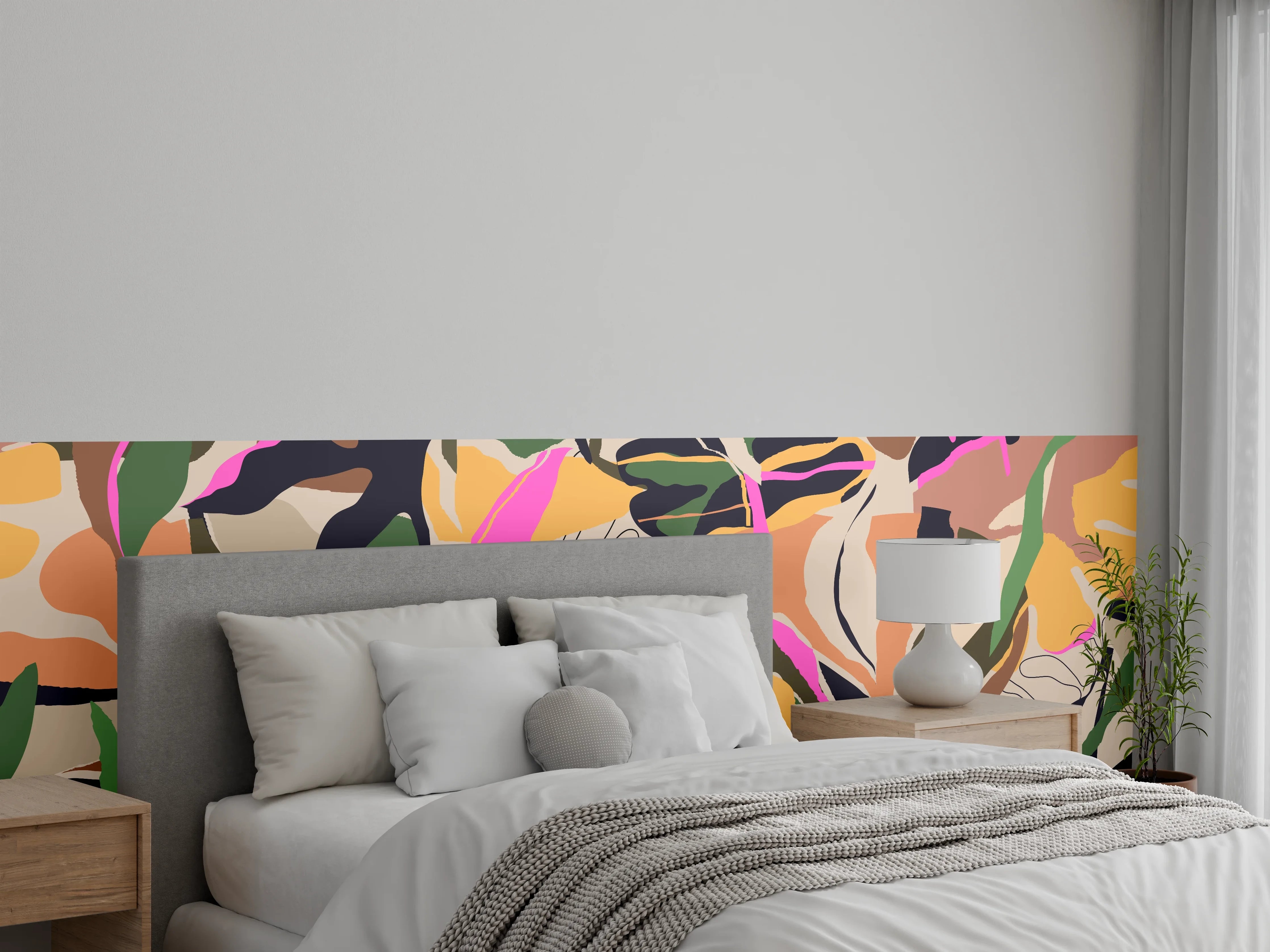 Wandverkleidung Schlafzimmer - Tropisches Blattmuster Beige-Pink