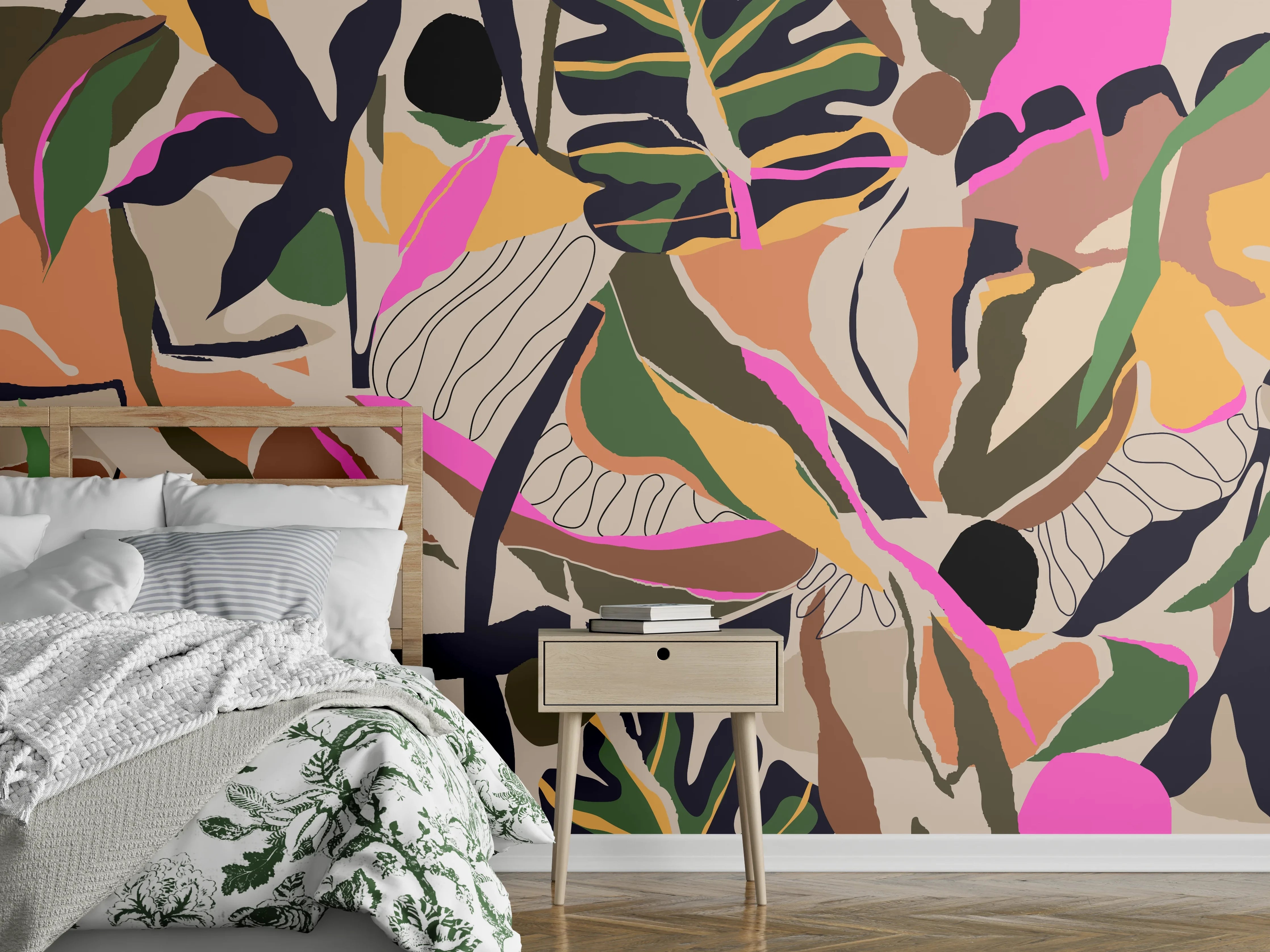 Wandverkleidung Schlafzimmer - Tropisches Blattmuster Beige-Pink