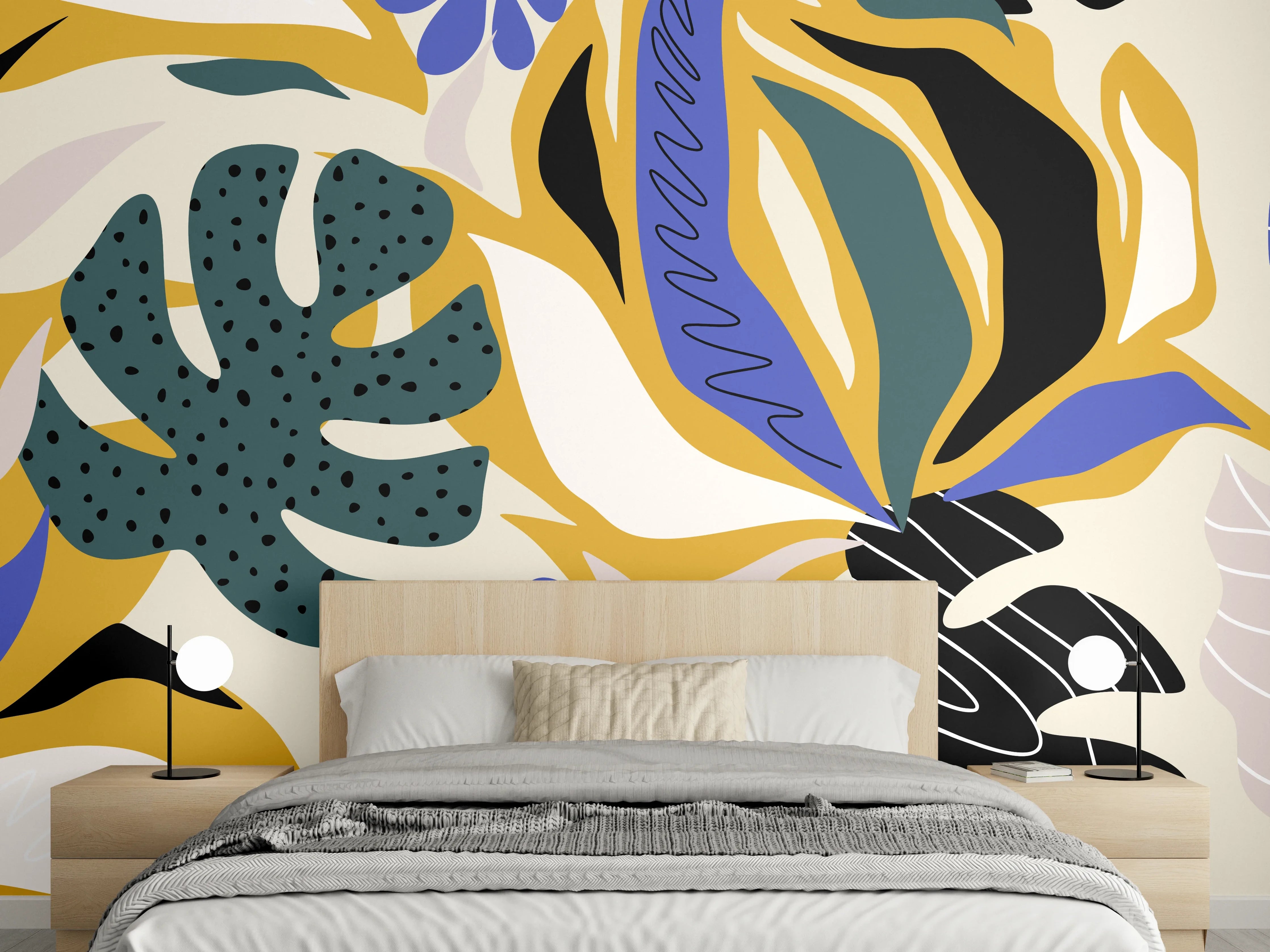 Wandverkleidung Schlafzimmer - Tropisches Blattmuster Gelb-Blau