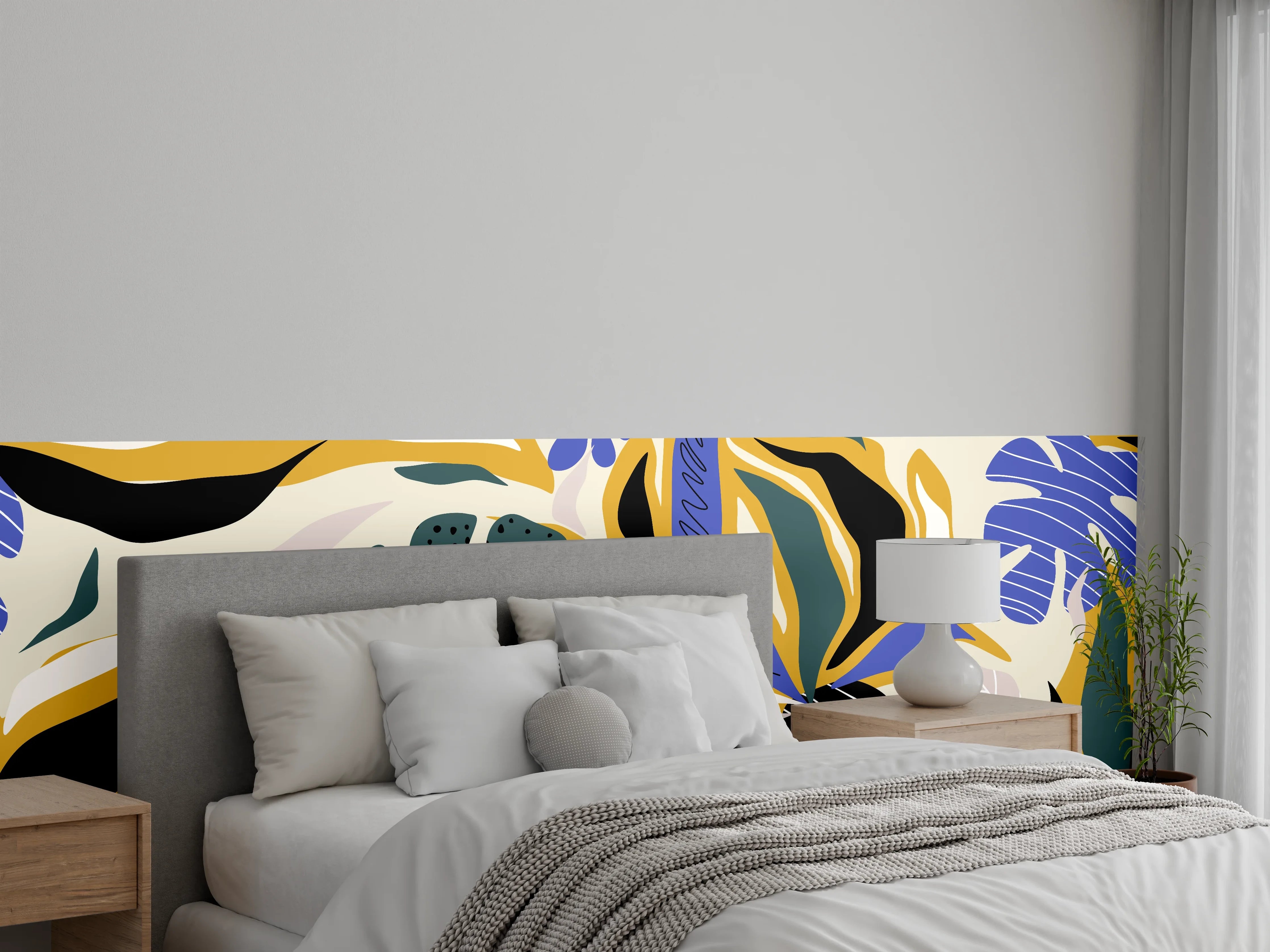 Wandverkleidung Schlafzimmer - Tropisches Blattmuster Gelb-Blau