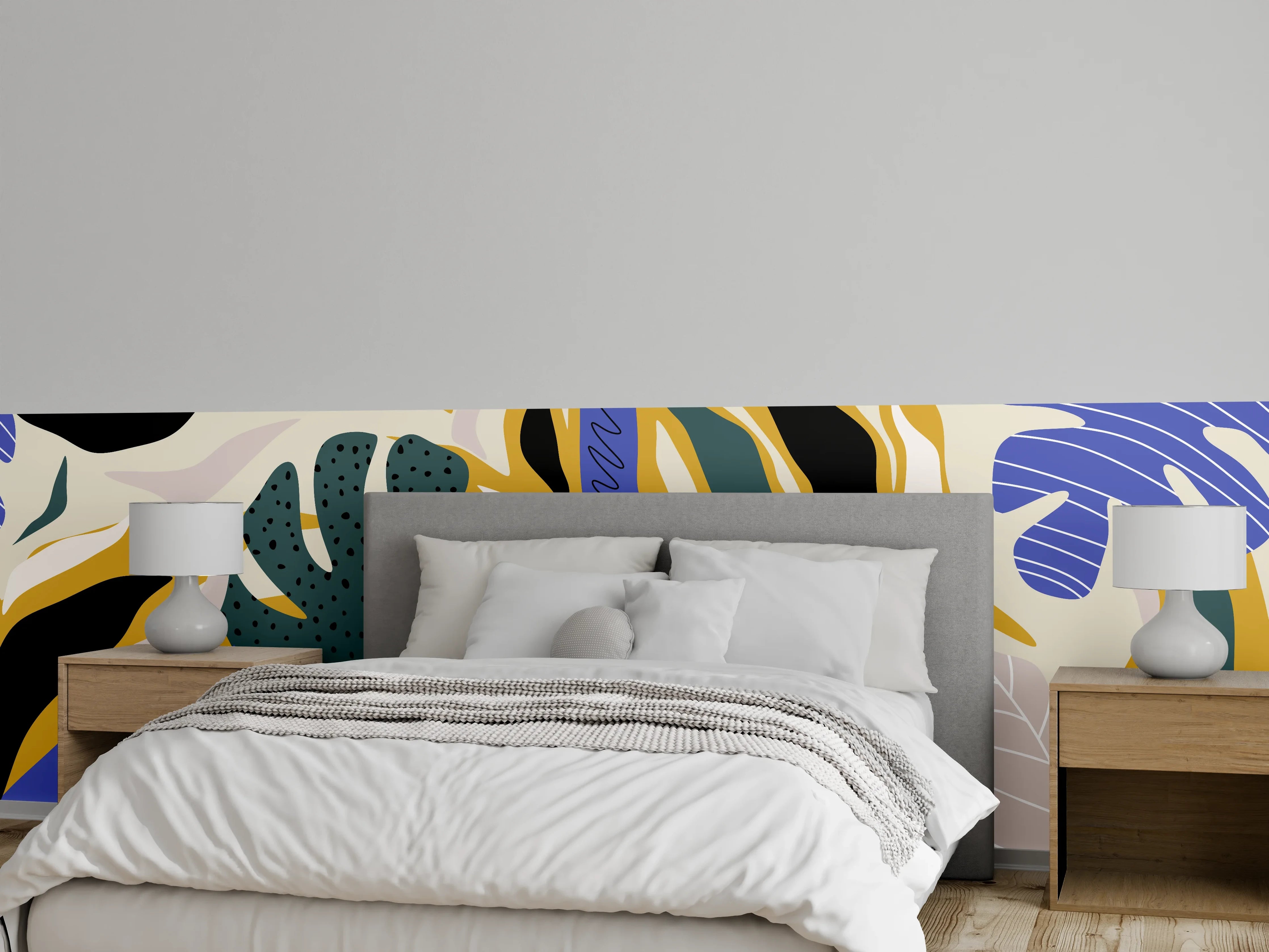 Wandverkleidung Schlafzimmer - Tropisches Blattmuster Gelb-Blau
