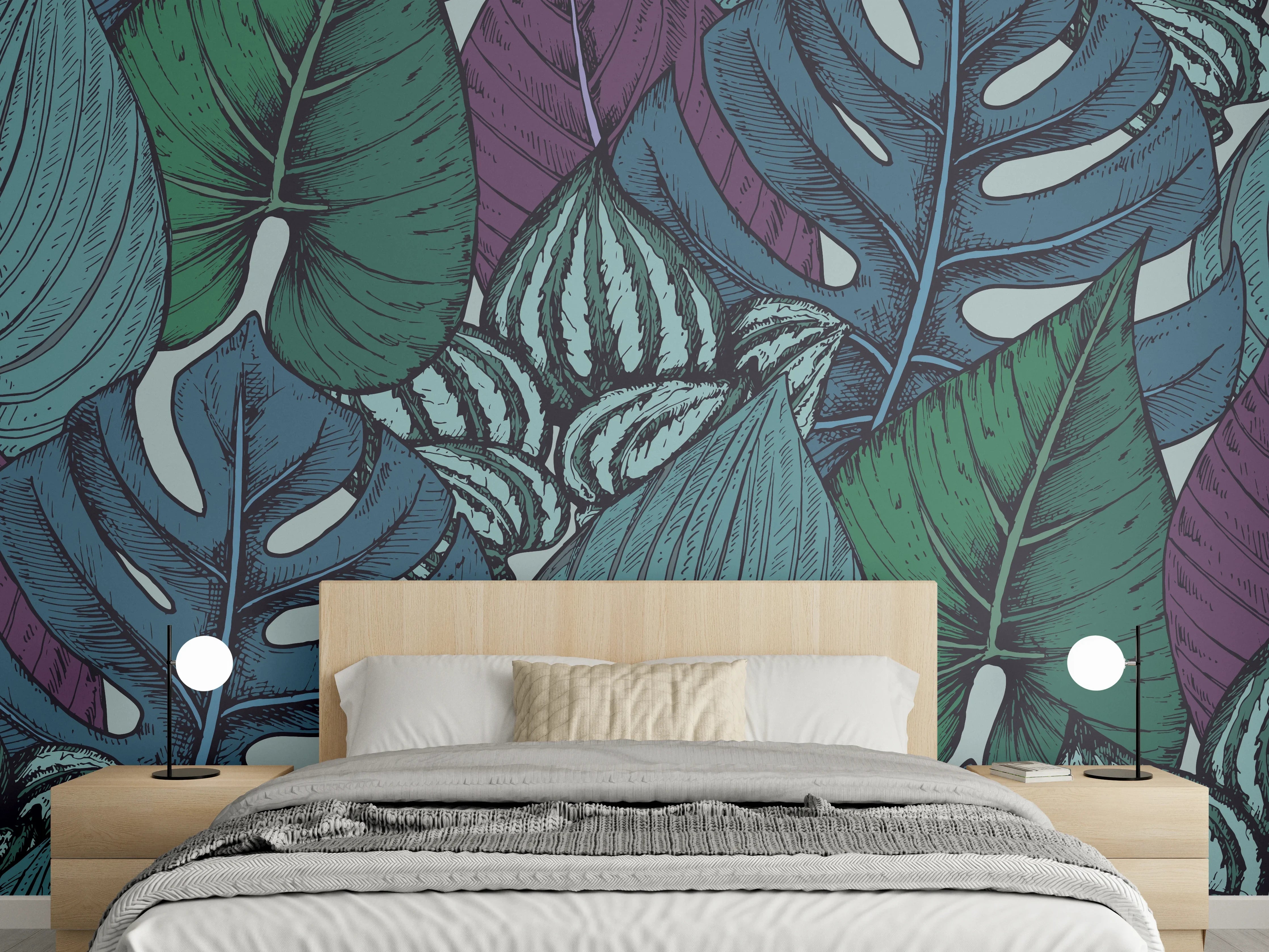 Wandverkleidung Schlafzimmer - Tropisches Blattmuster Türkis-Lila