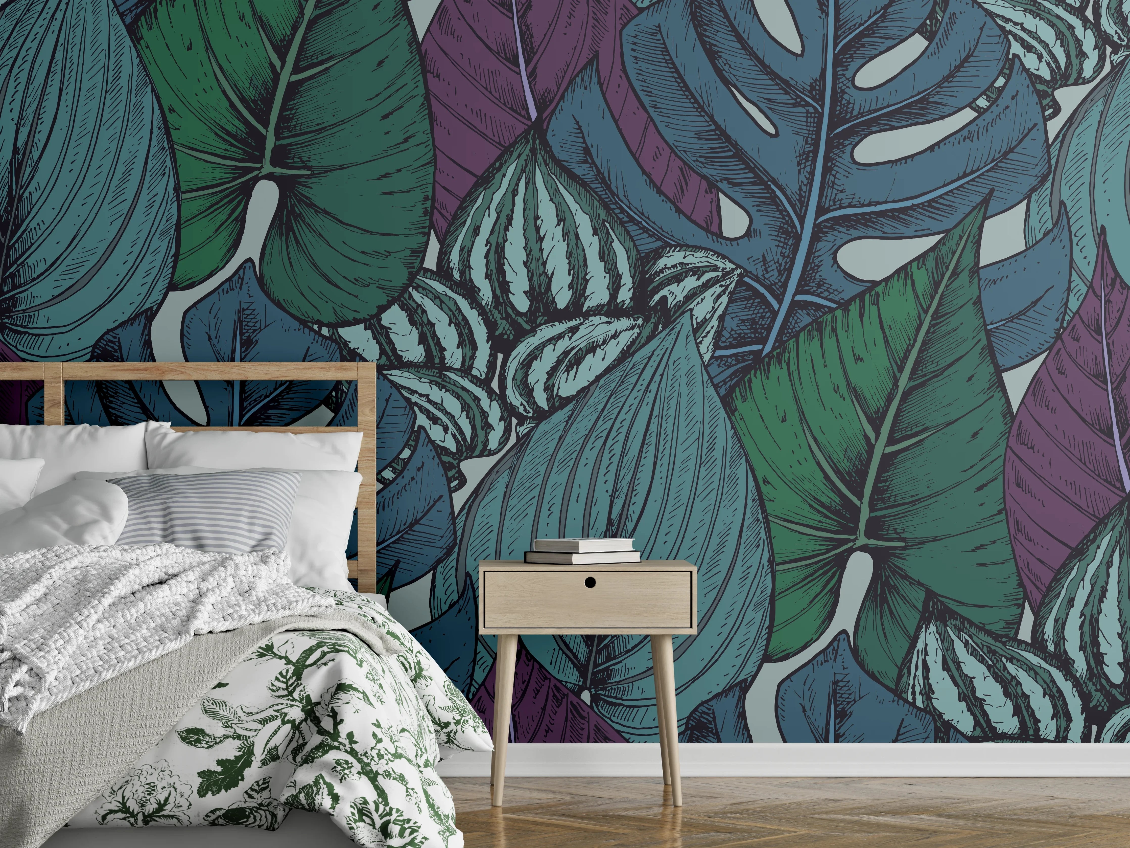 Wandverkleidung Schlafzimmer - Tropisches Blattmuster Türkis-Lila
