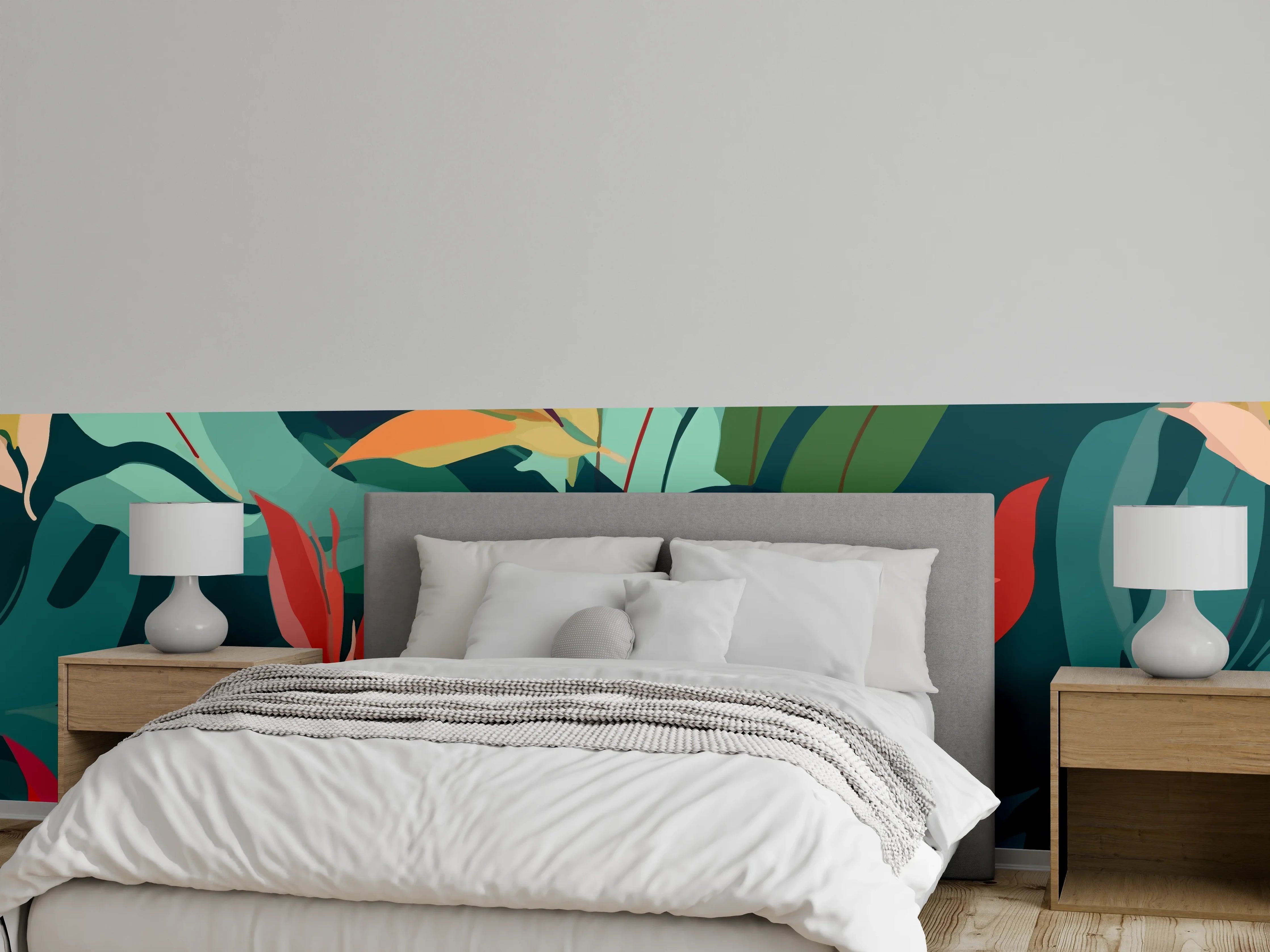 Wandverkleidung Schlafzimmer - Tropisches Blütenblattmuster Grün-Türkis