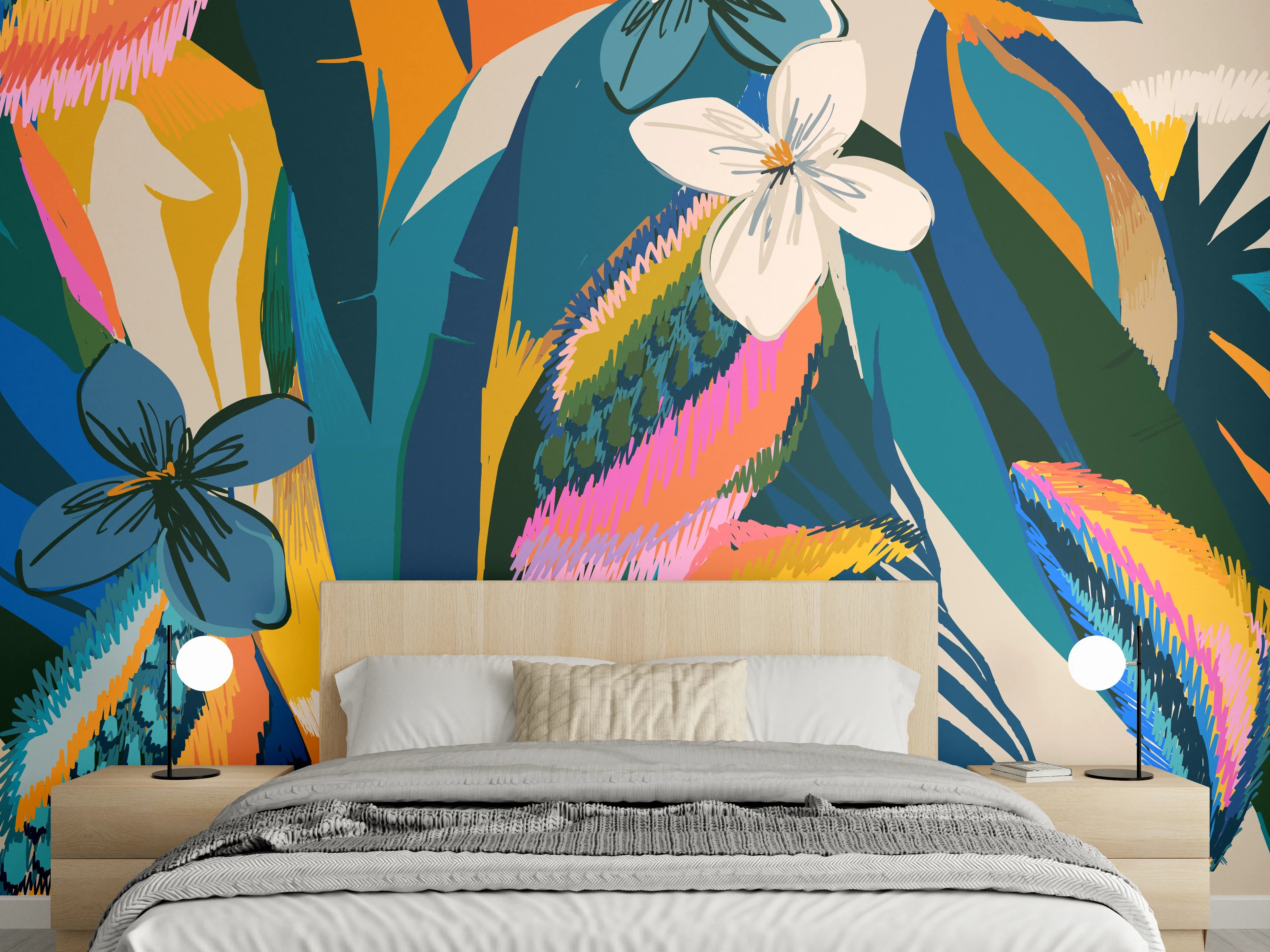 Wandverkleidung Schlafzimmer - Tropisches Blumenmuster Blau-Orange