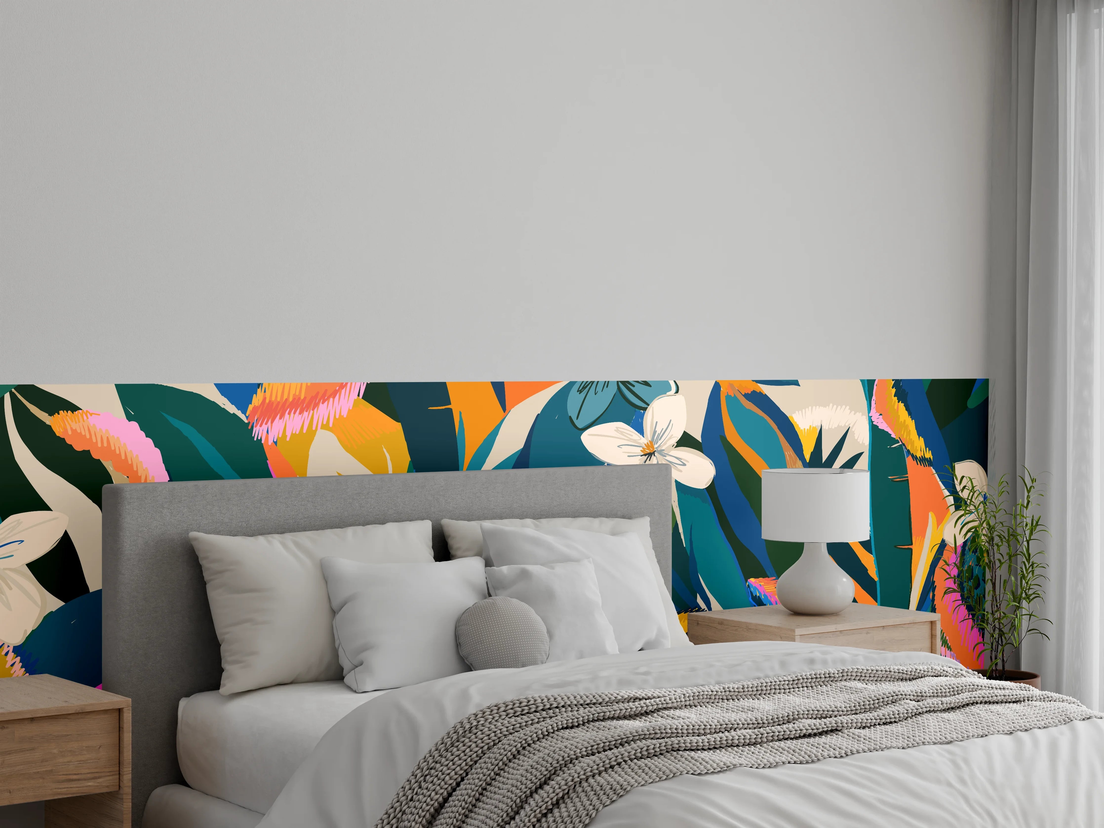 Wandverkleidung Schlafzimmer - Tropisches Blumenmuster Blau-Orange