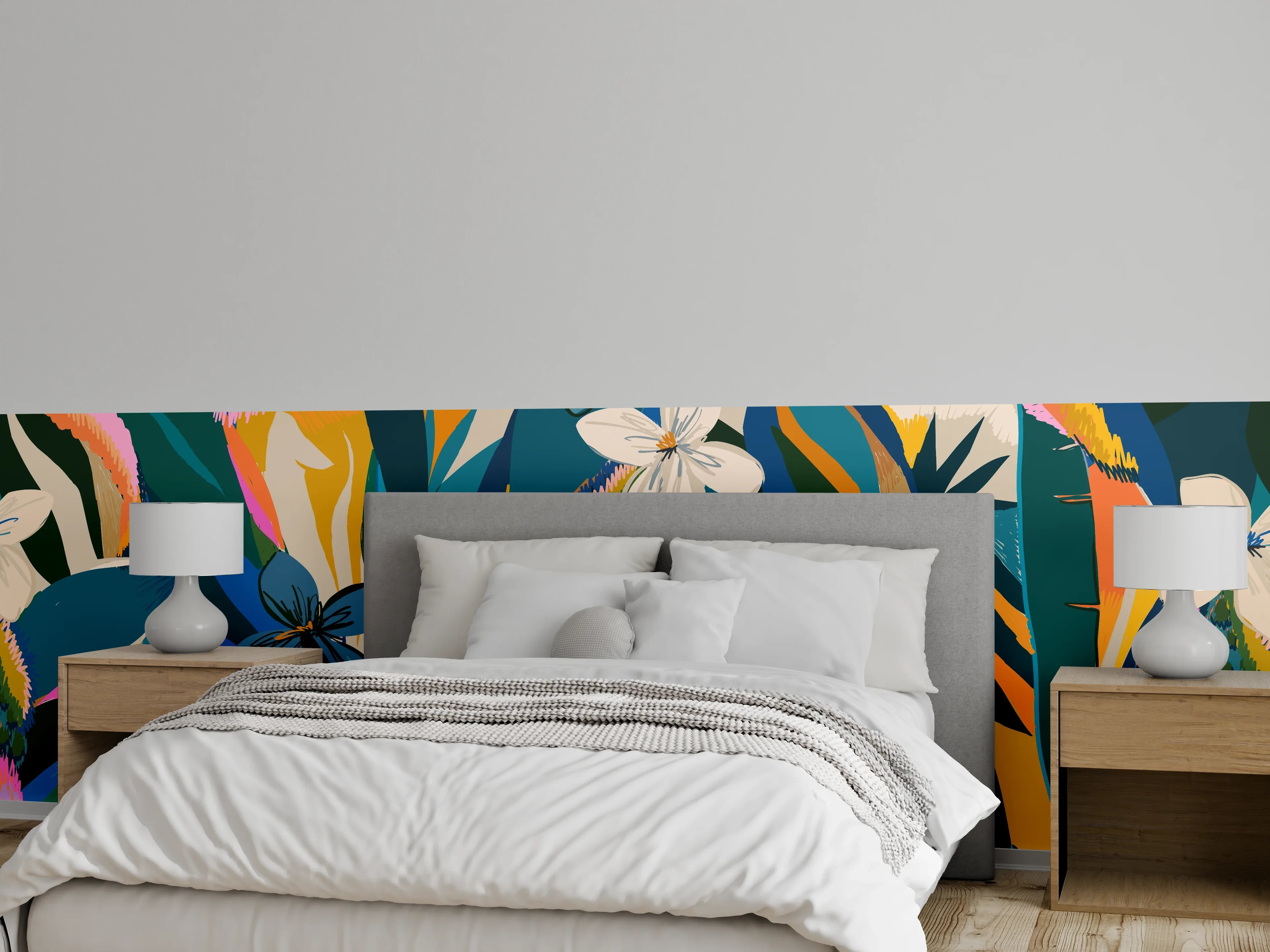 Wandverkleidung Schlafzimmer - Tropisches Blumenmuster Blau-Orange
