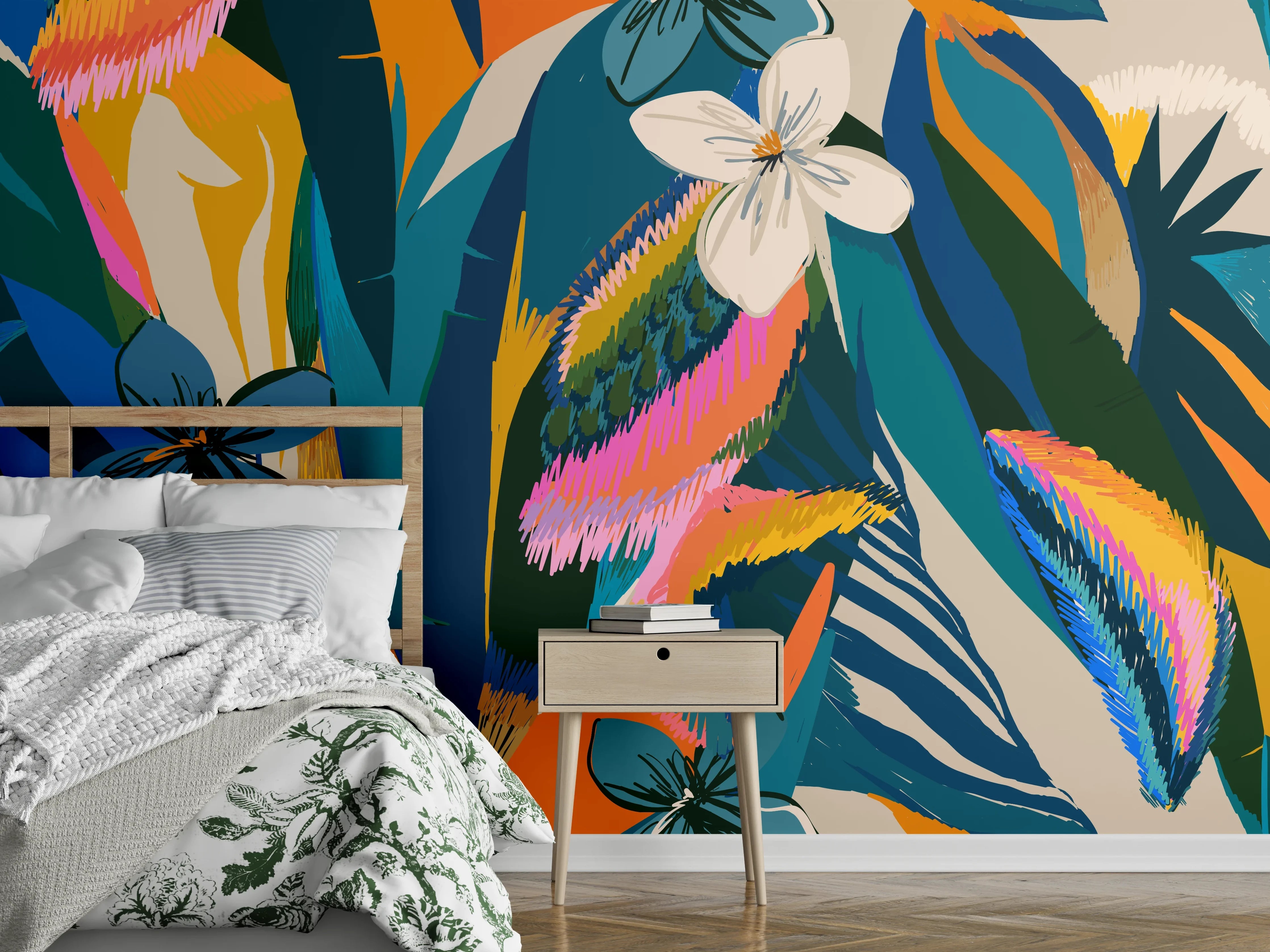 Wandverkleidung Schlafzimmer - Tropisches Blumenmuster Blau-Orange