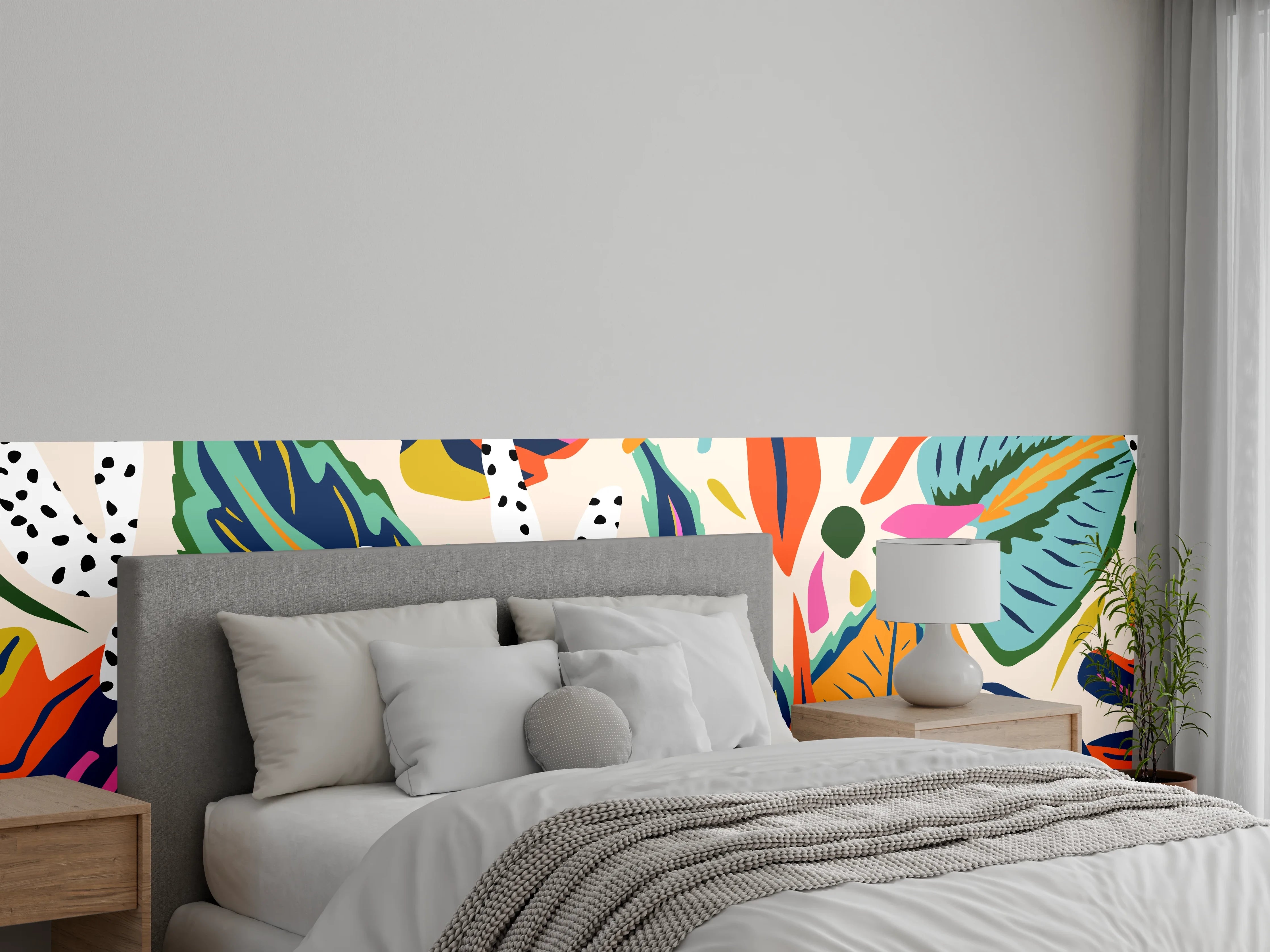 Wandverkleidung Schlafzimmer - Tropisches Blumenmuster Orange-Türkis