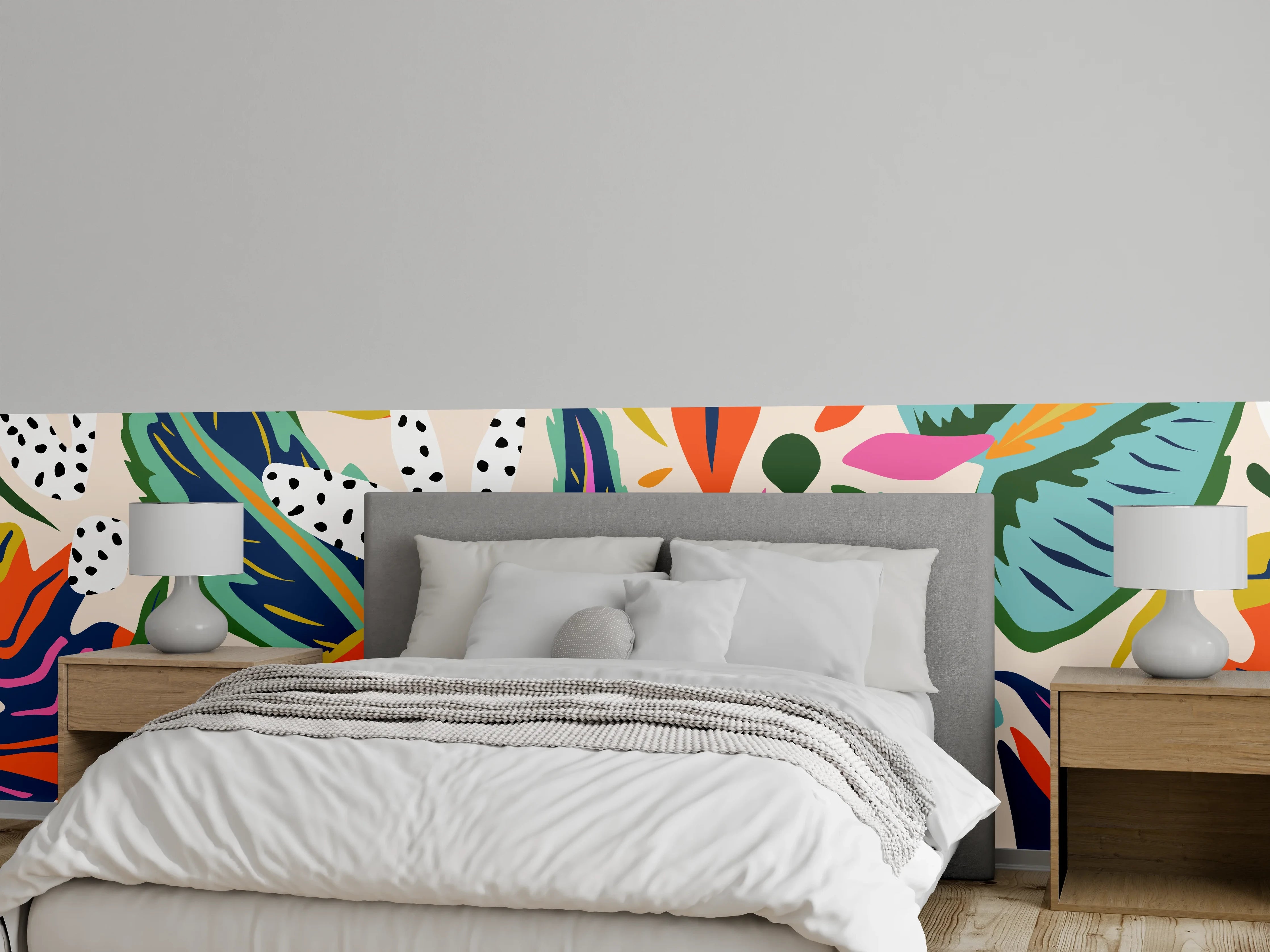 Wandverkleidung Schlafzimmer - Tropisches Blumenmuster Orange-Türkis