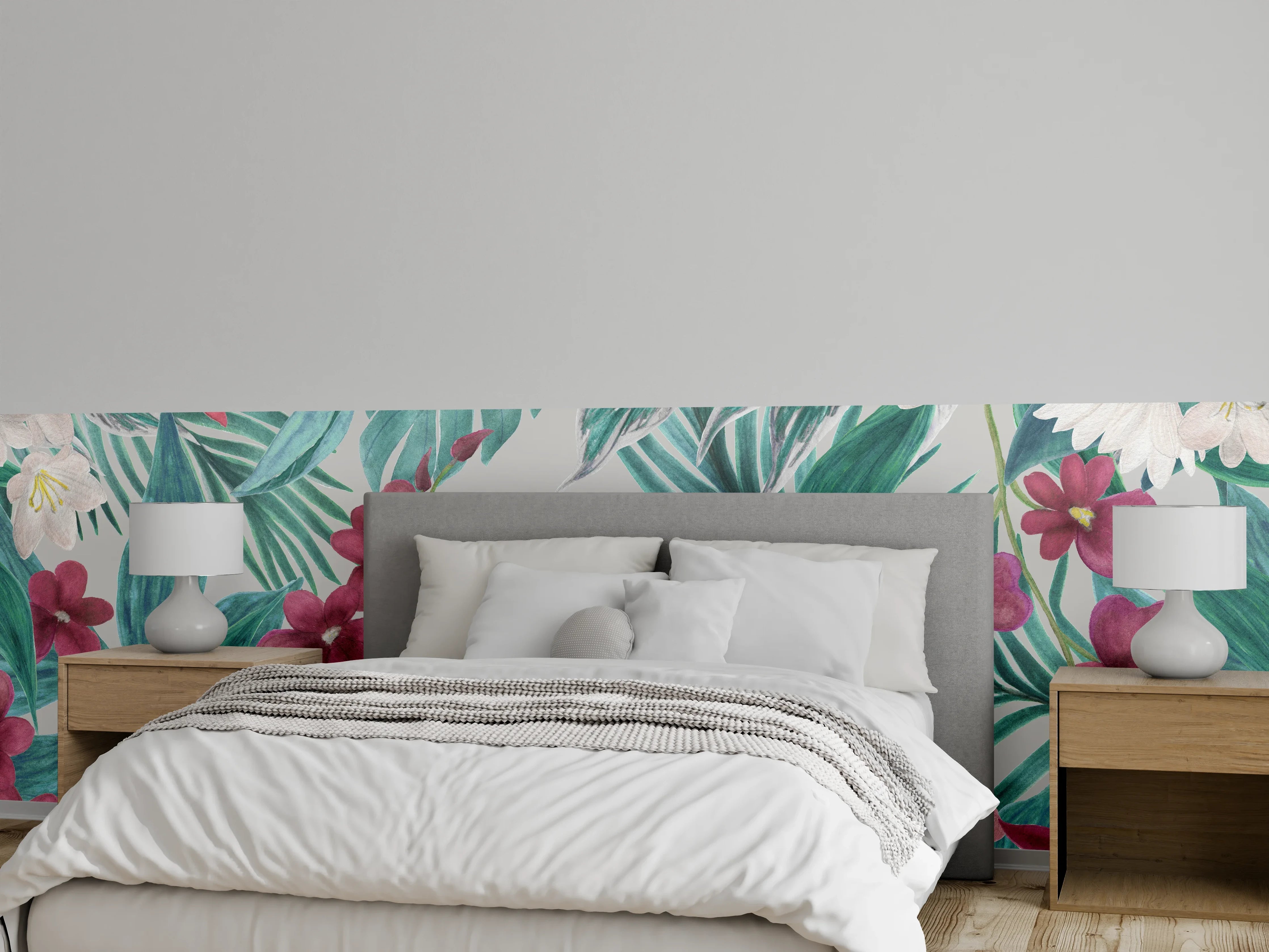 Wandverkleidung Schlafzimmer - Tropisches Blumenmuster Rosa-Grau