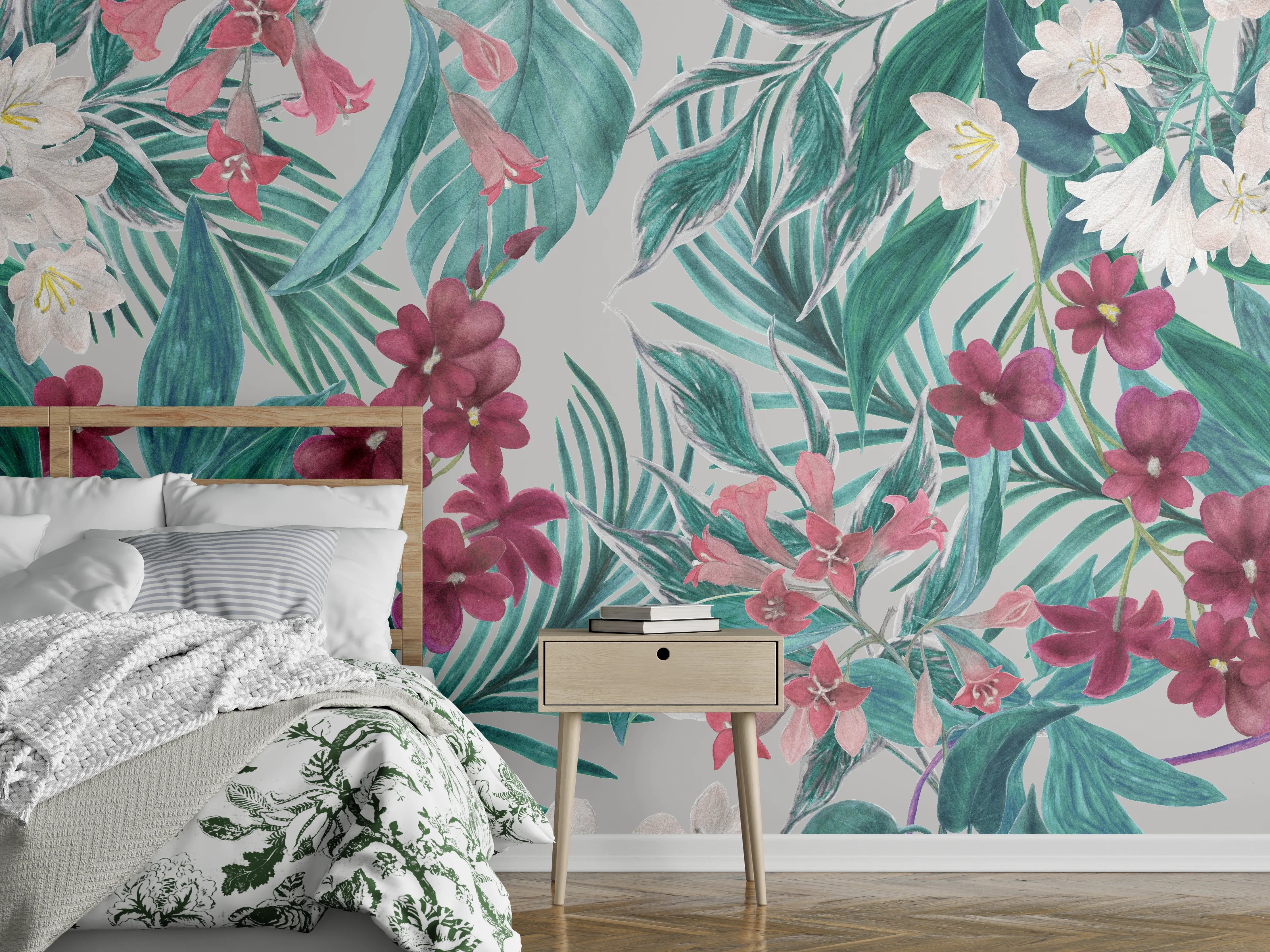 Wandverkleidung Schlafzimmer - Tropisches Blumenmuster Rosa-Grau