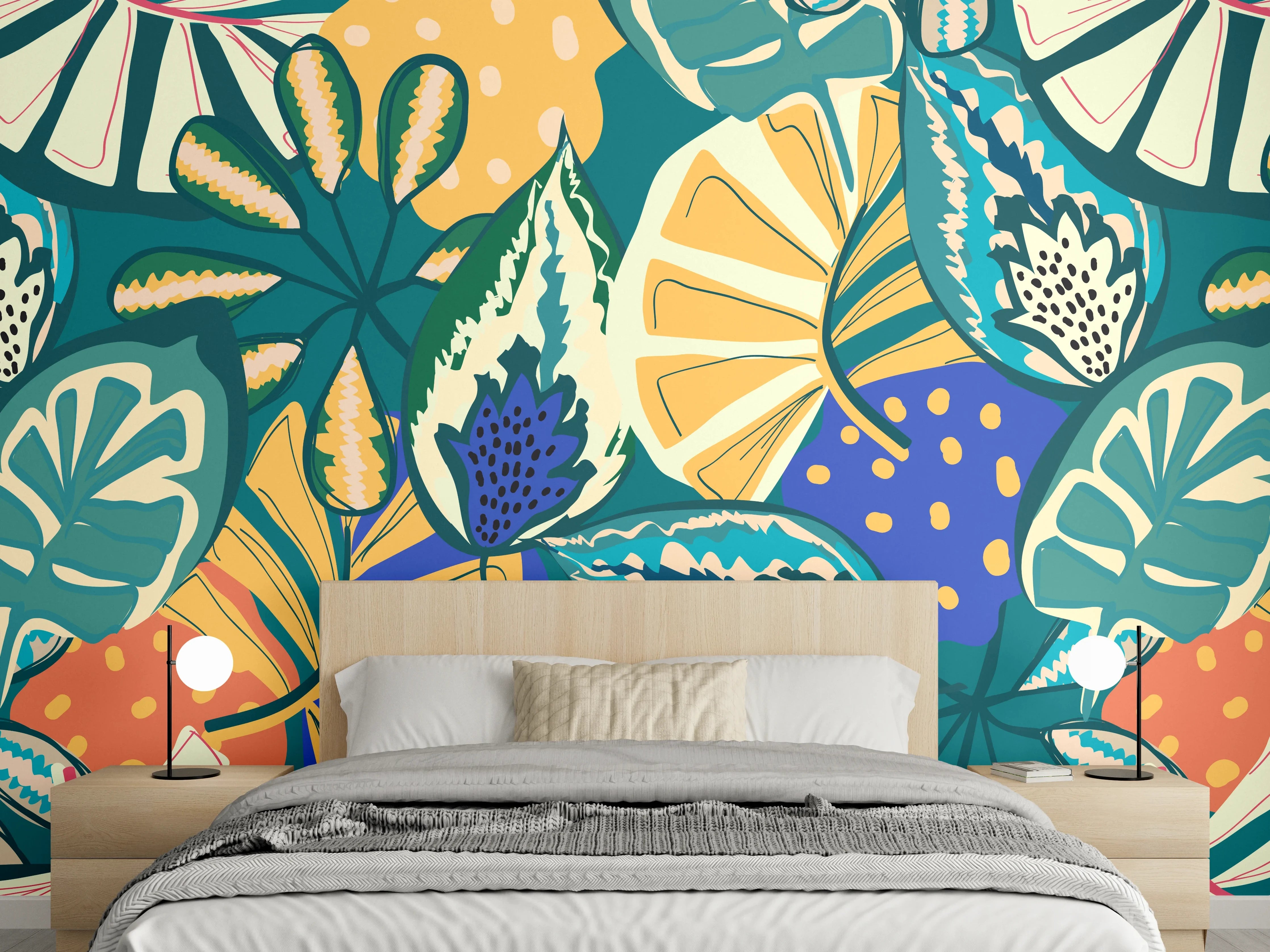 Wandverkleidung Schlafzimmer - Tropisches Blumenmuster Türkis