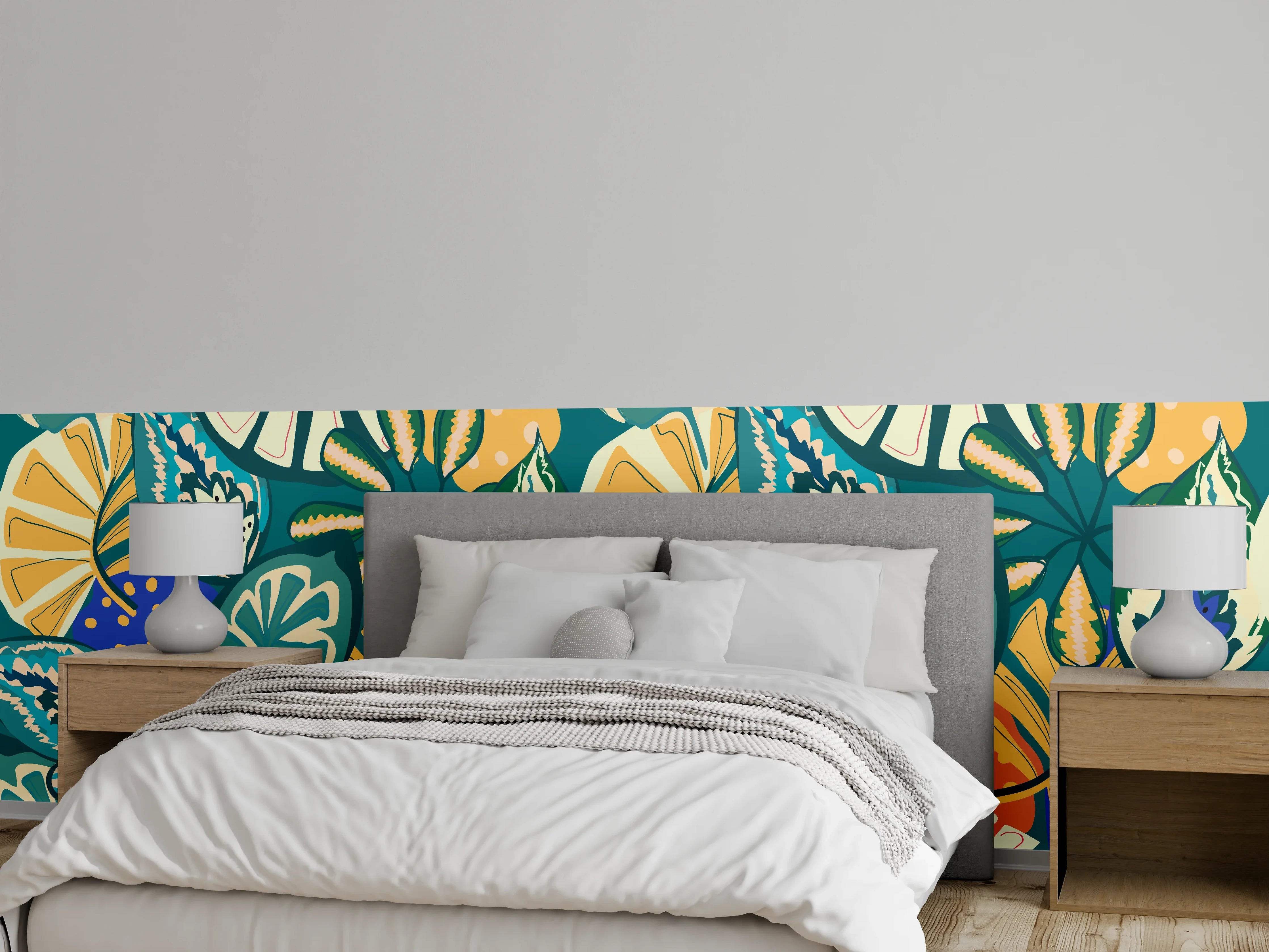Wandverkleidung Schlafzimmer - Tropisches Blumenmuster Türkis