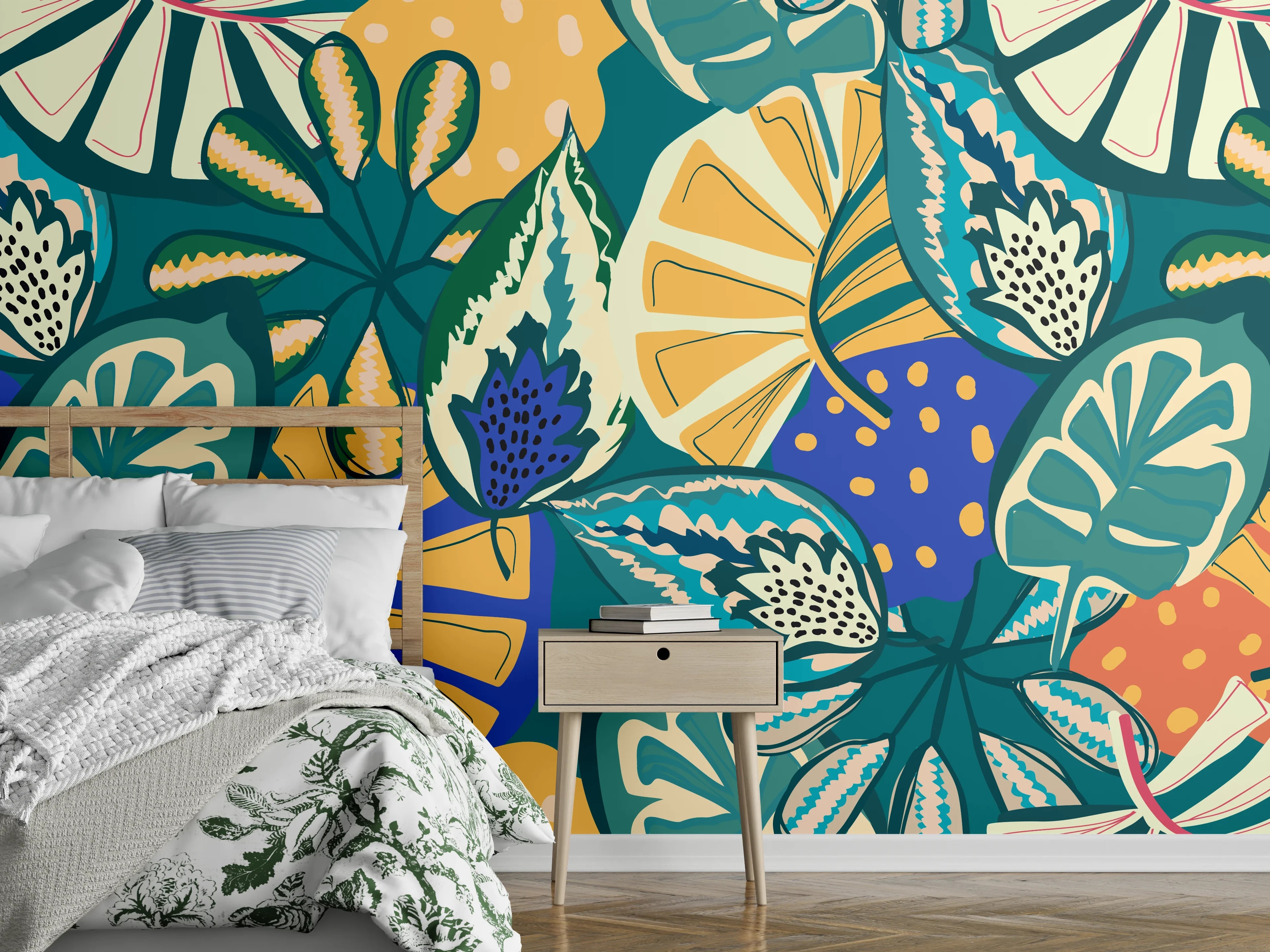 Wandverkleidung Schlafzimmer - Tropisches Blumenmuster Türkis