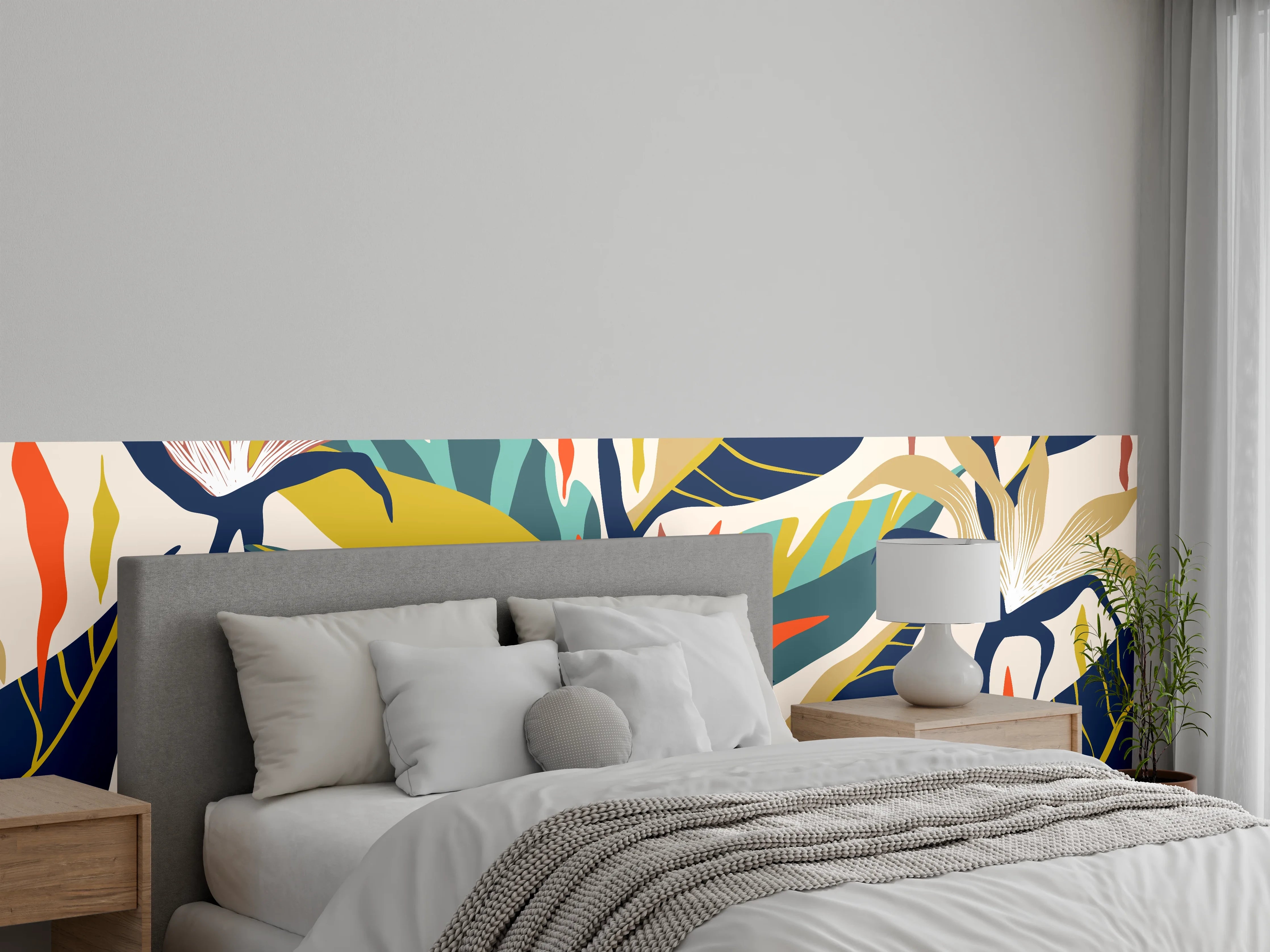 Wandverkleidung Schlafzimmer - Tropisches Botanik-Muster Blau-Gelb