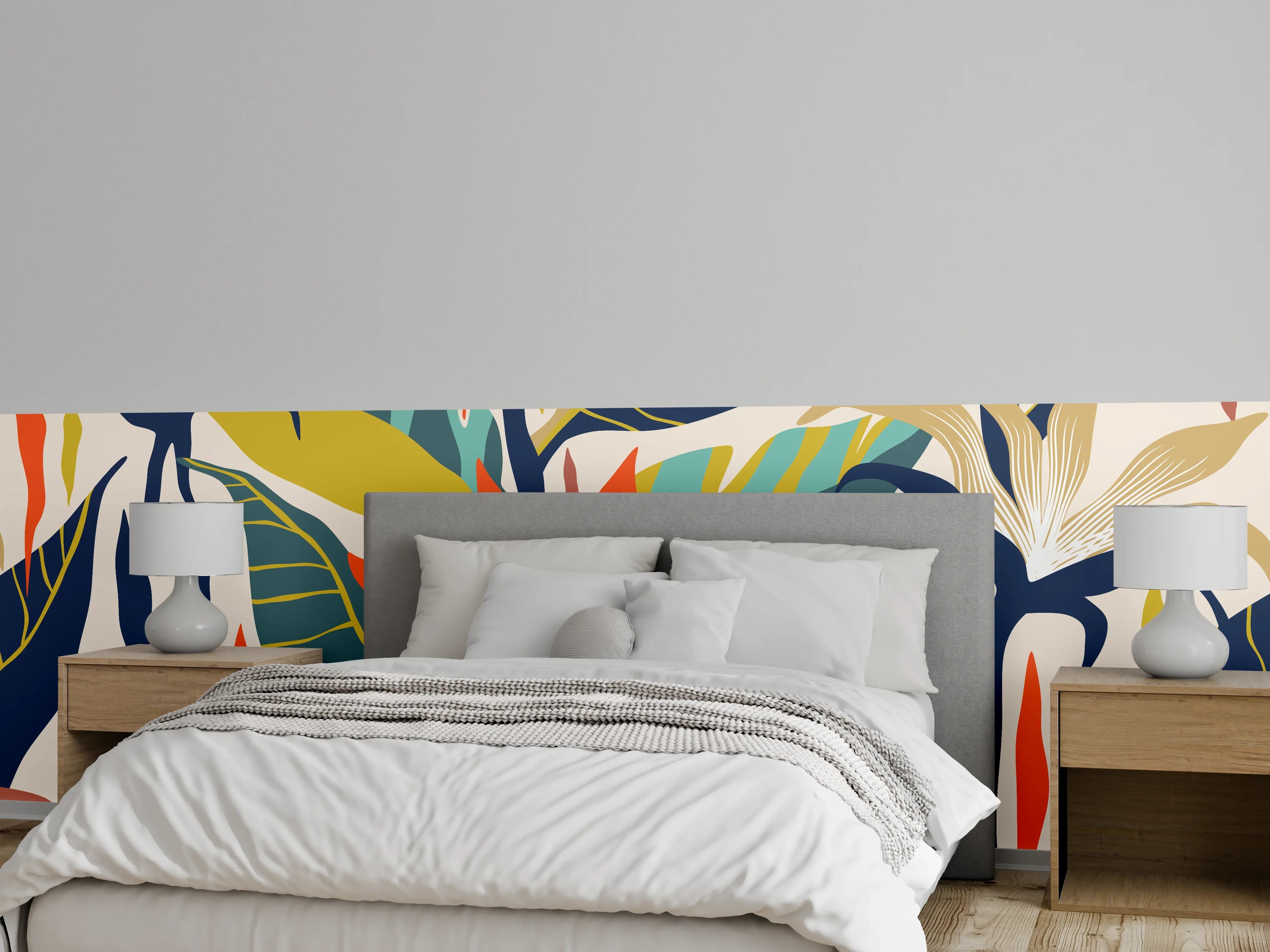 Wandverkleidung Schlafzimmer - Tropisches Botanik-Muster Blau-Gelb