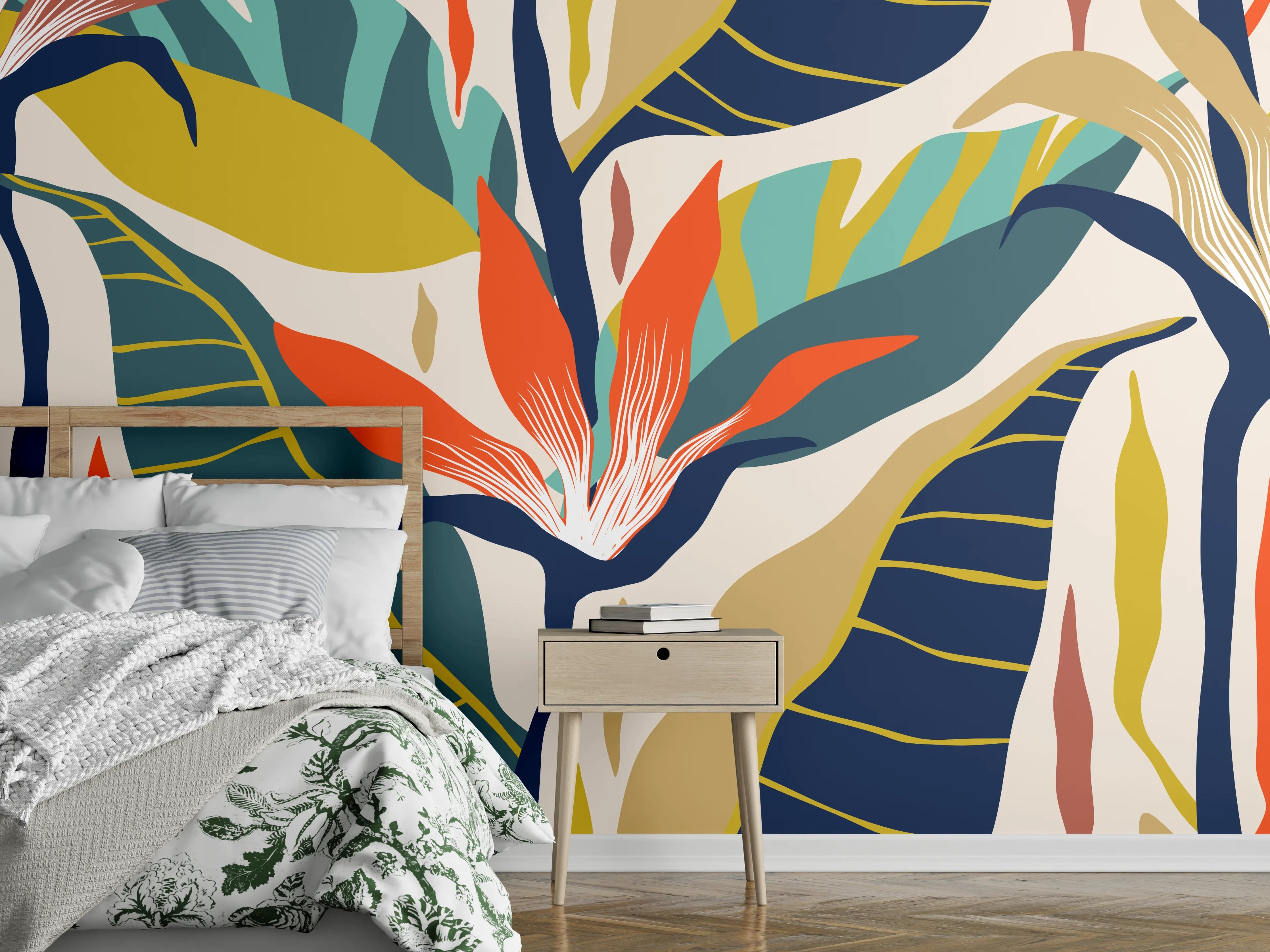 Wandverkleidung Schlafzimmer - Tropisches Botanik-Muster Blau-Gelb