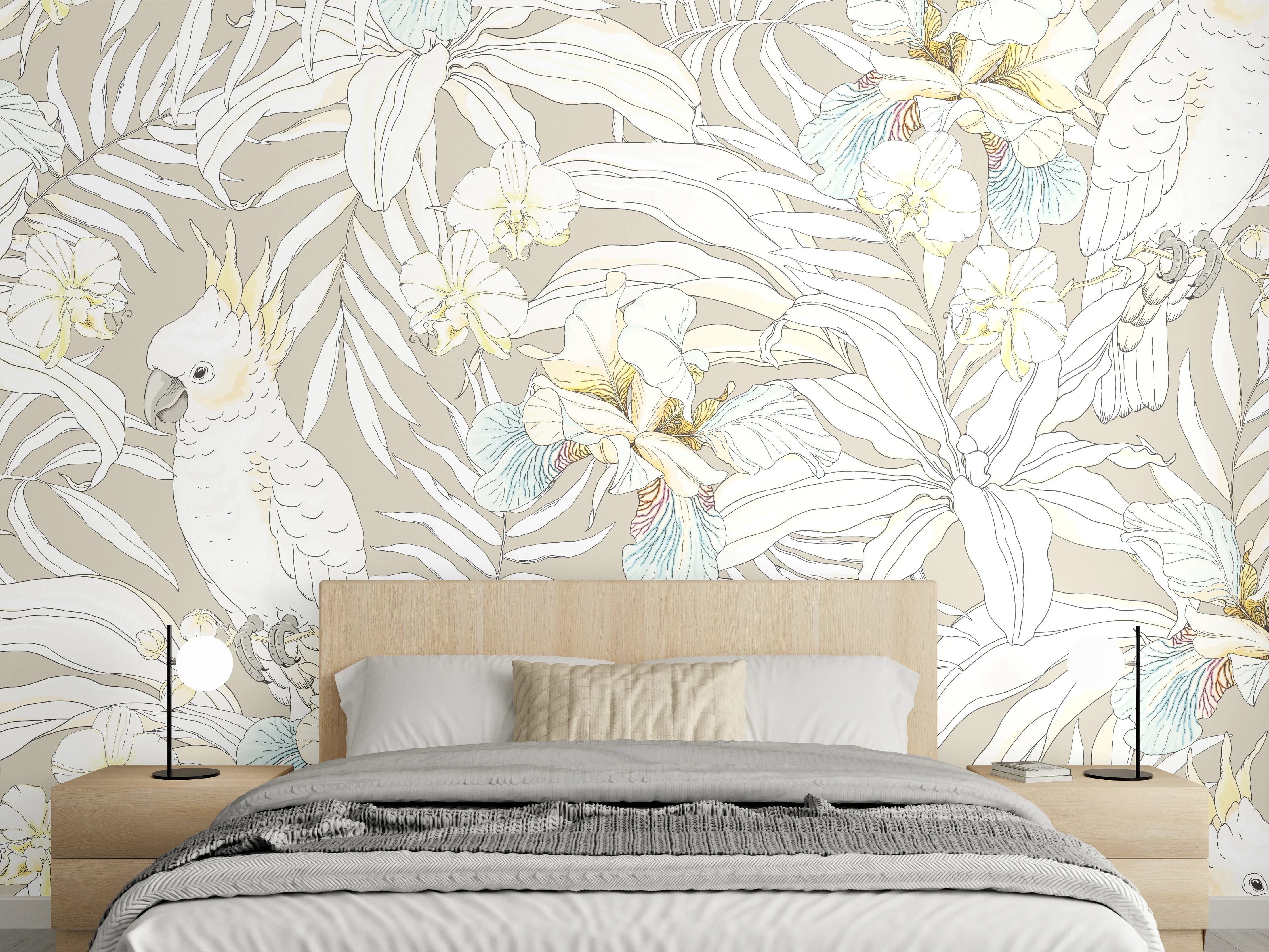 Wandverkleidung Schlafzimmer - Tropisches Kakadu-Floral Muster
