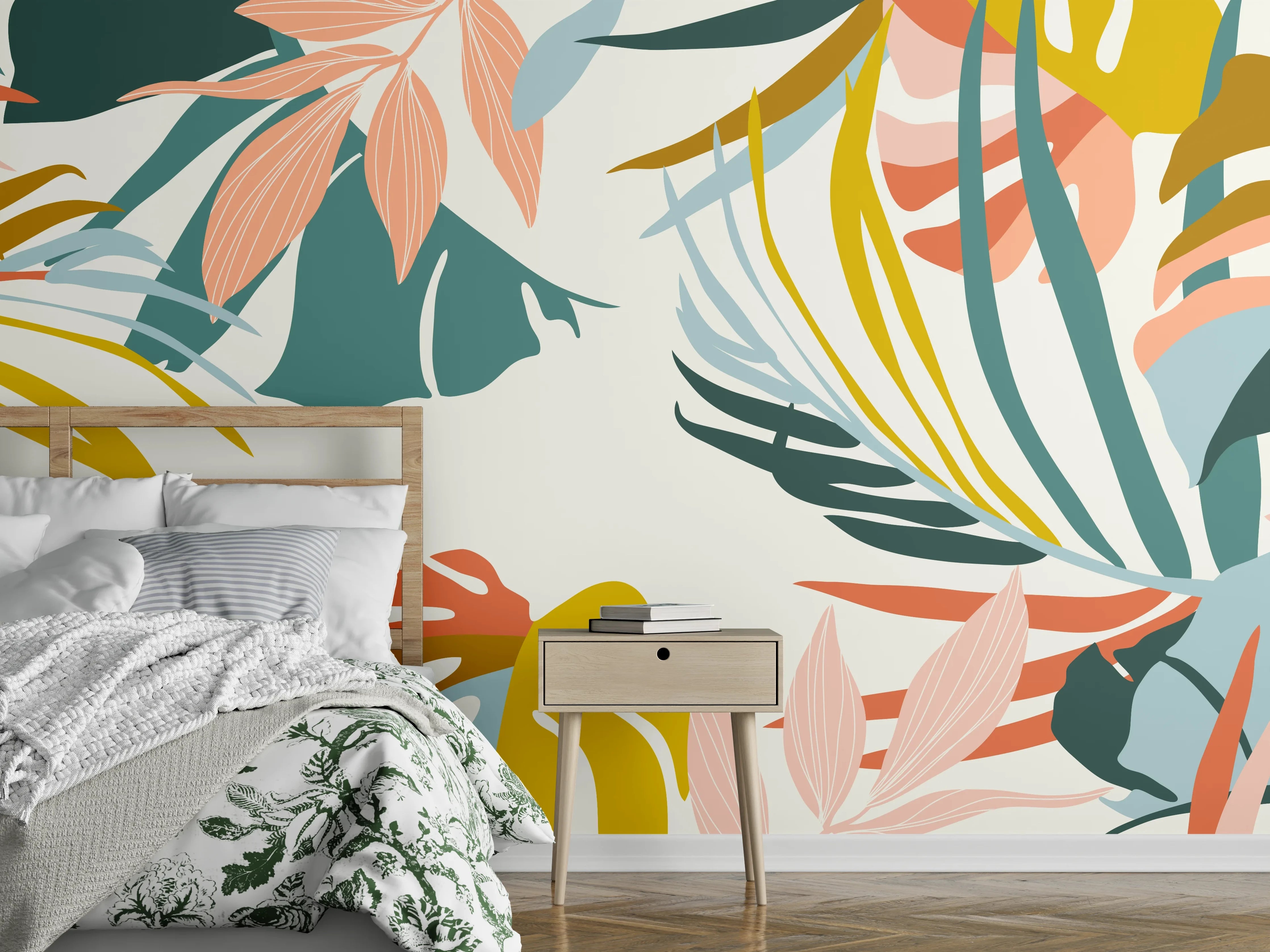 Wandverkleidung Schlafzimmer - Tropisches Pflanzenmuster Pastell