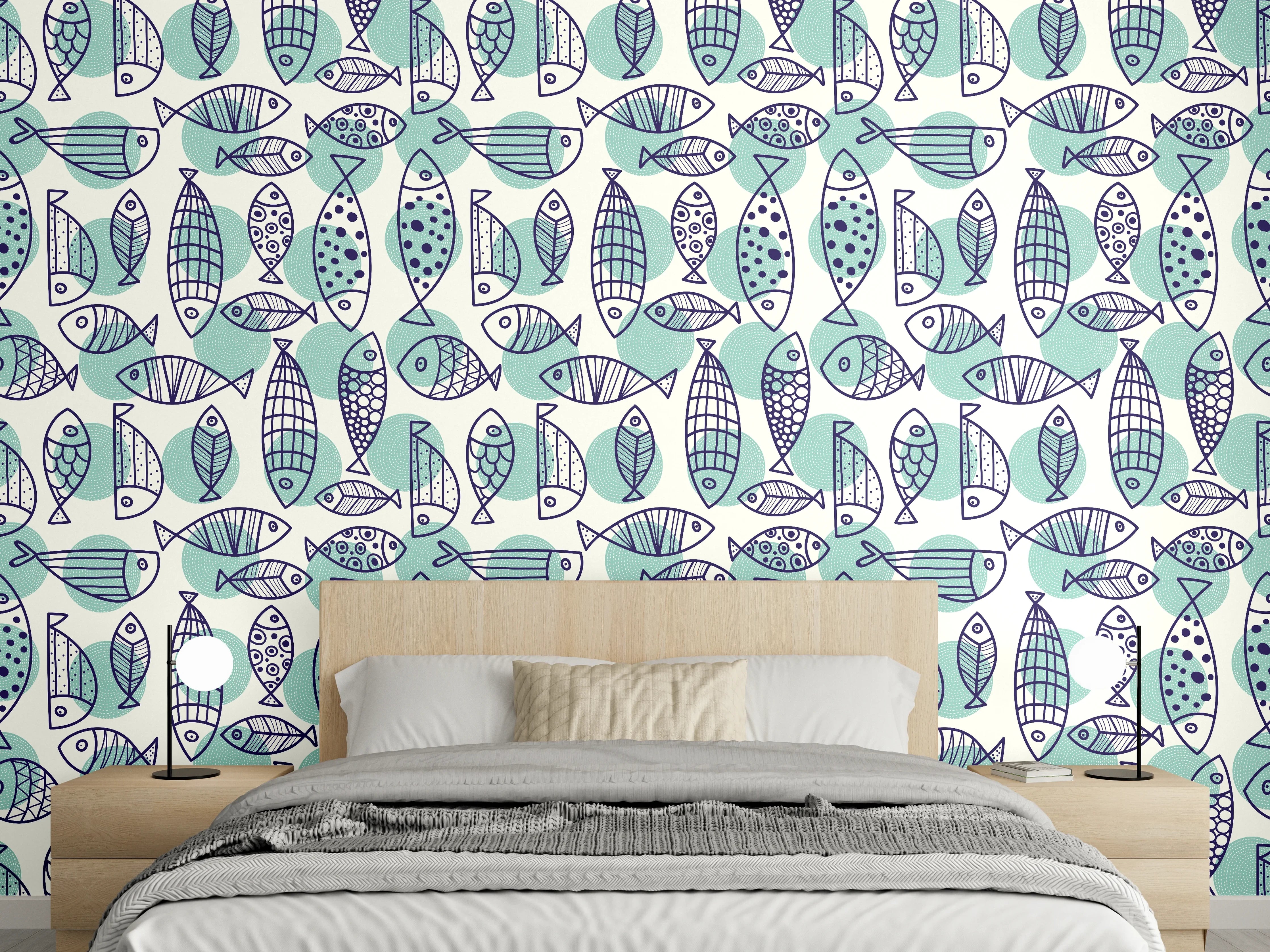 Wandverkleidung Schlafzimmer - Türkis-Blau Fischmuster