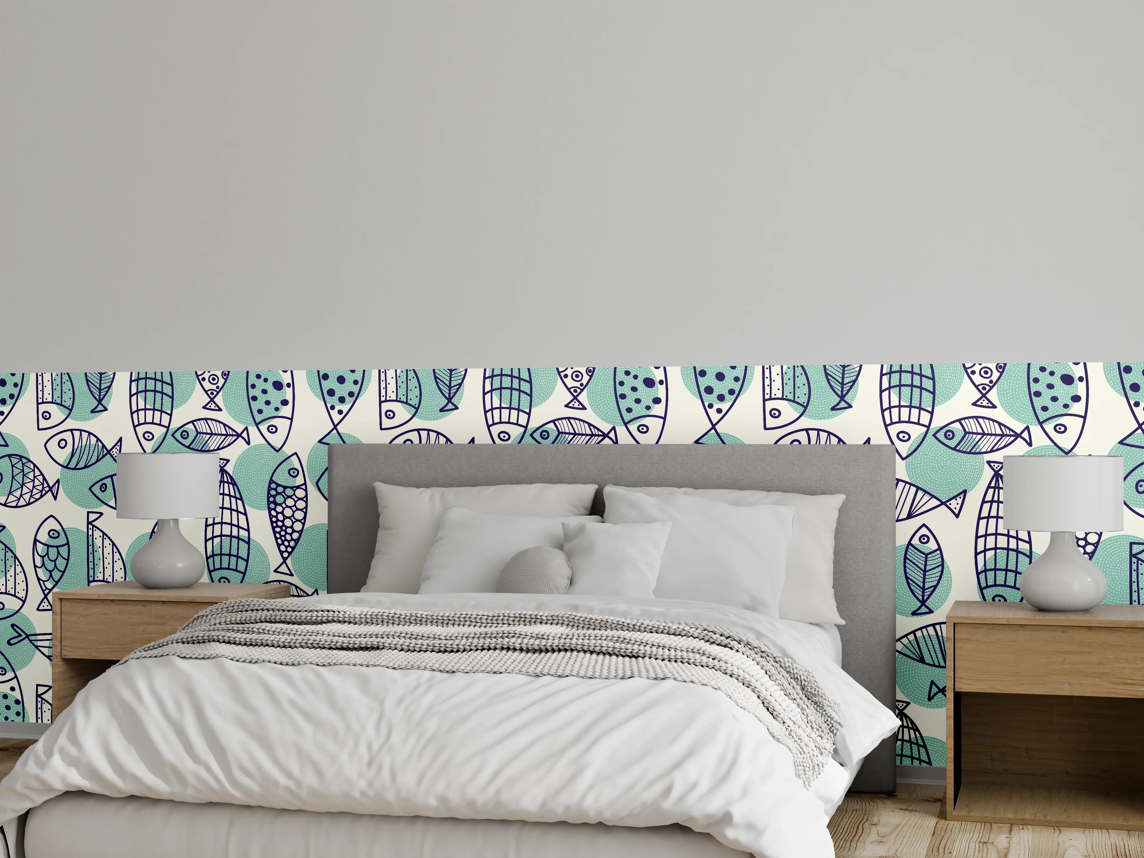 Wandverkleidung Schlafzimmer - Türkis-Blau Fischmuster