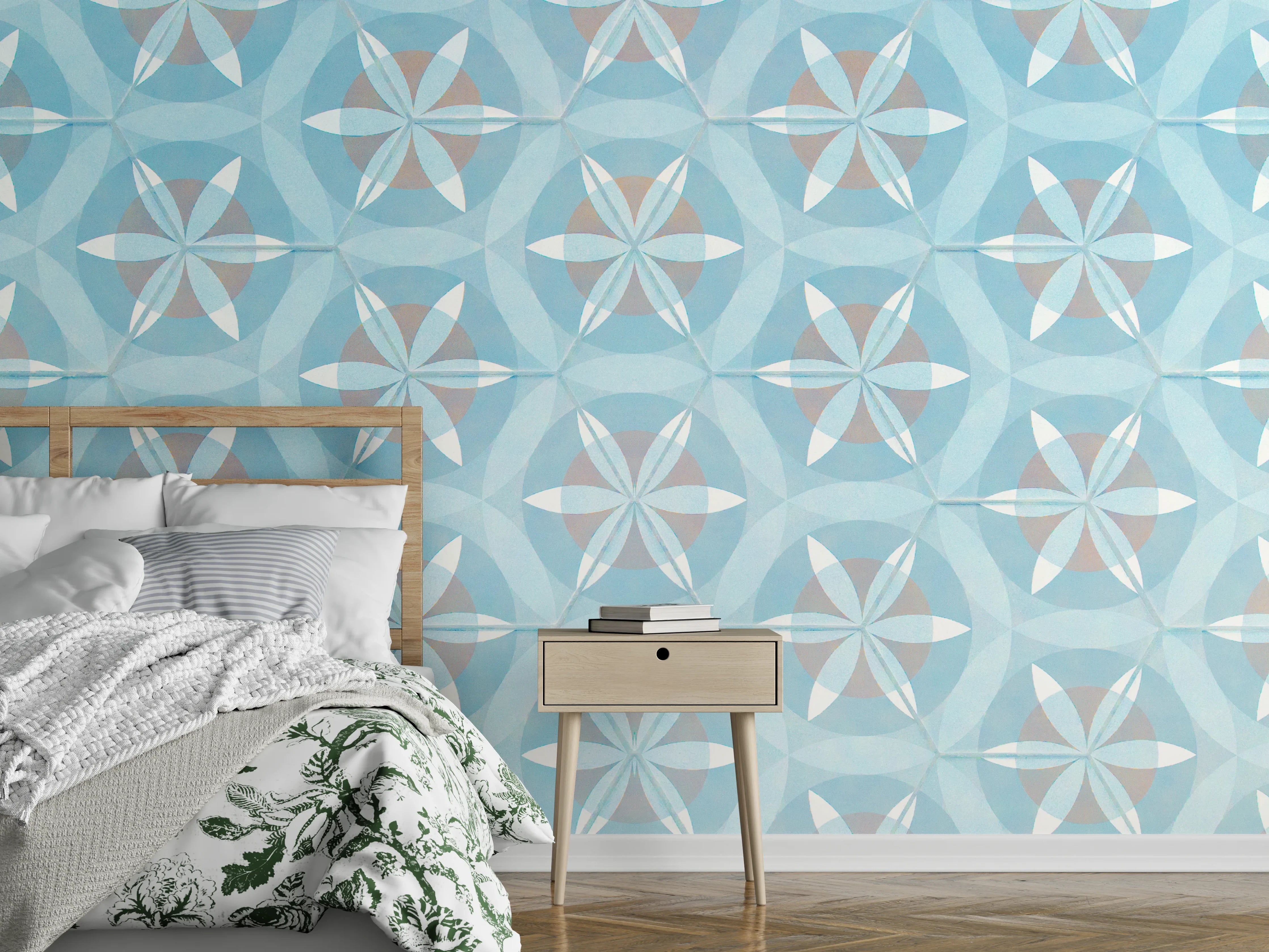 Wandverkleidung Schlafzimmer - Türkis-Braun Vintage geometrisch Mosaik