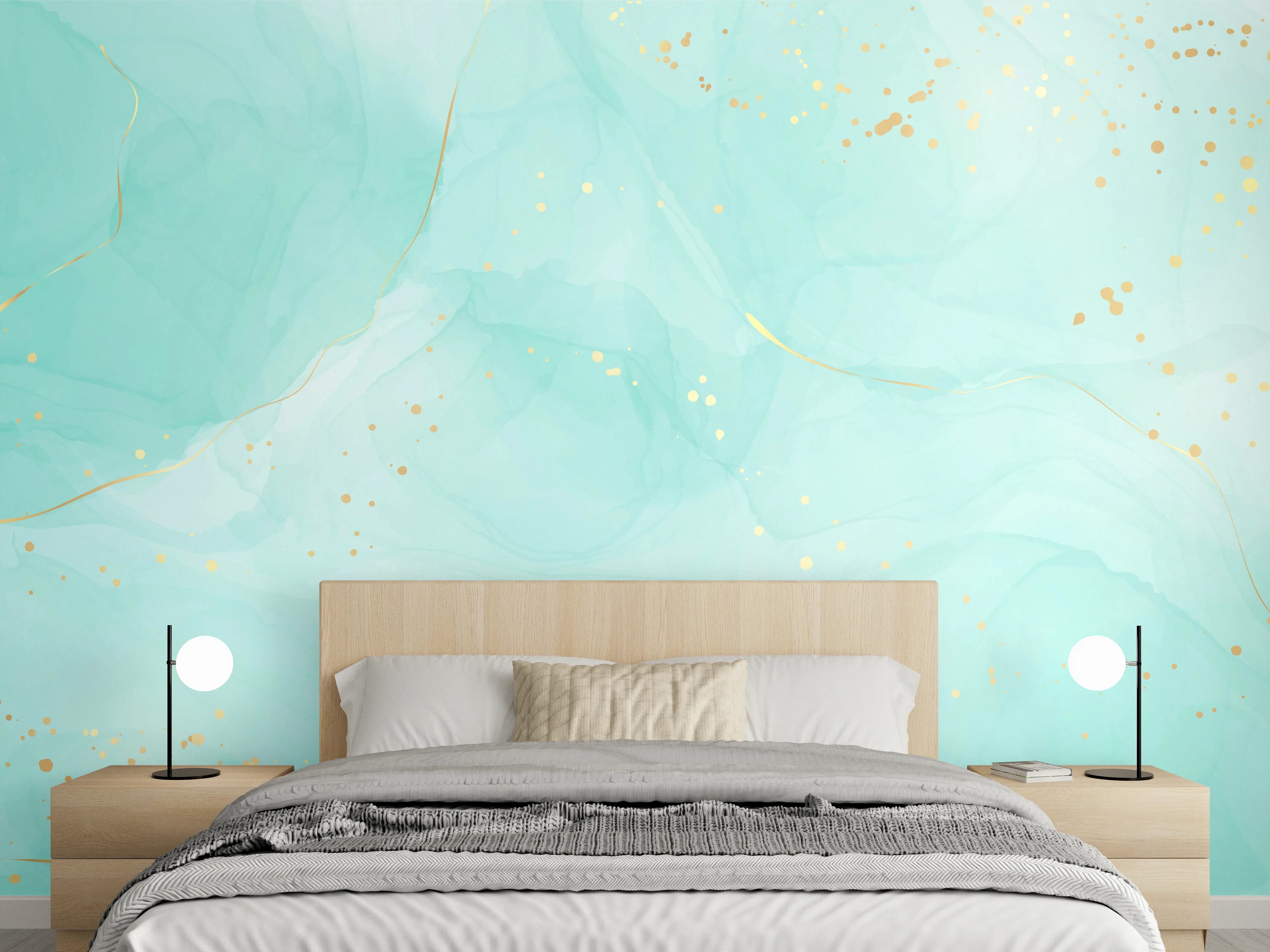 Wandverkleidung Schlafzimmer - Türkis-Goldene Aquarell Textur