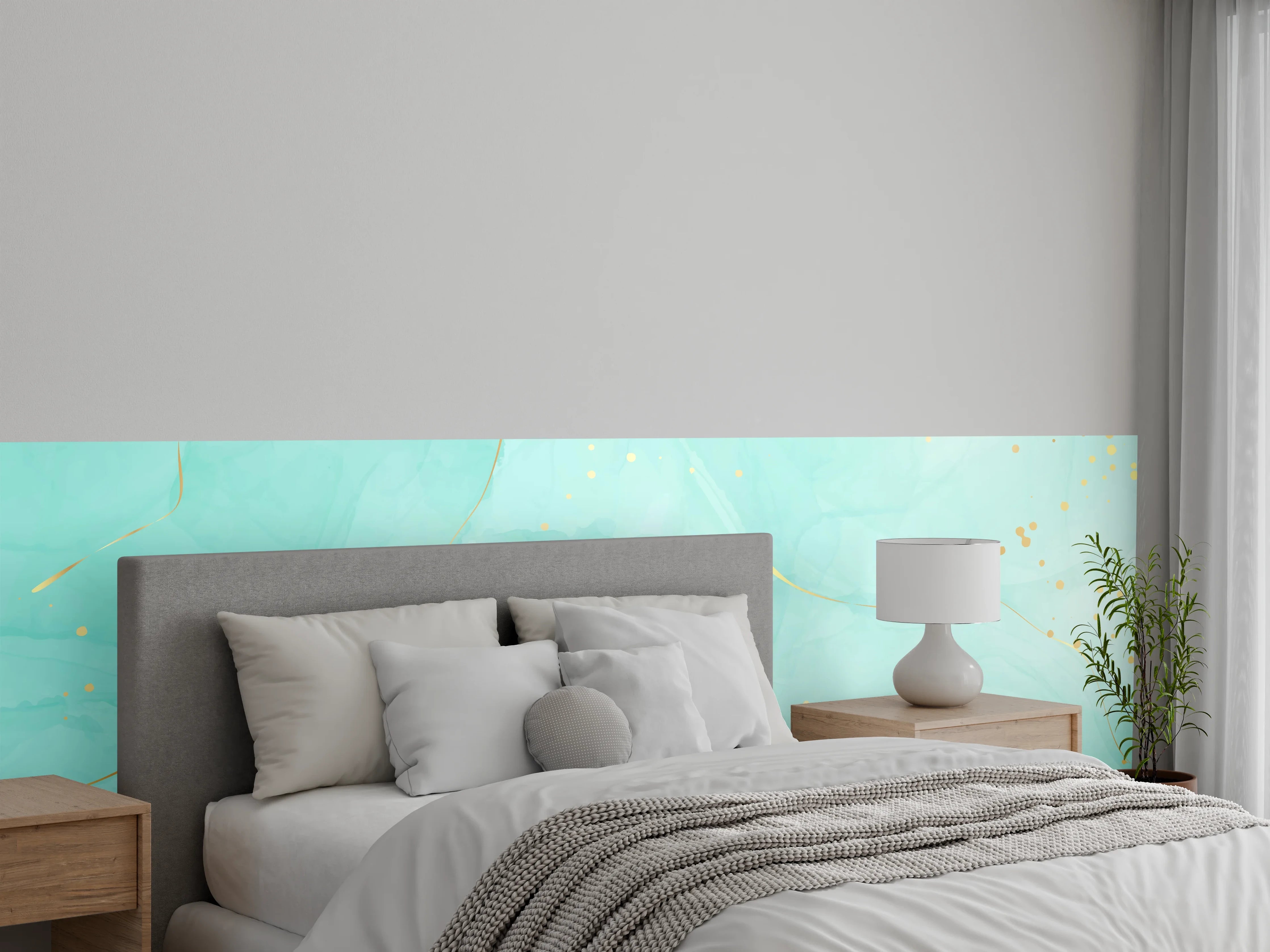 Wandverkleidung Schlafzimmer - Türkis-Goldene Aquarell Textur