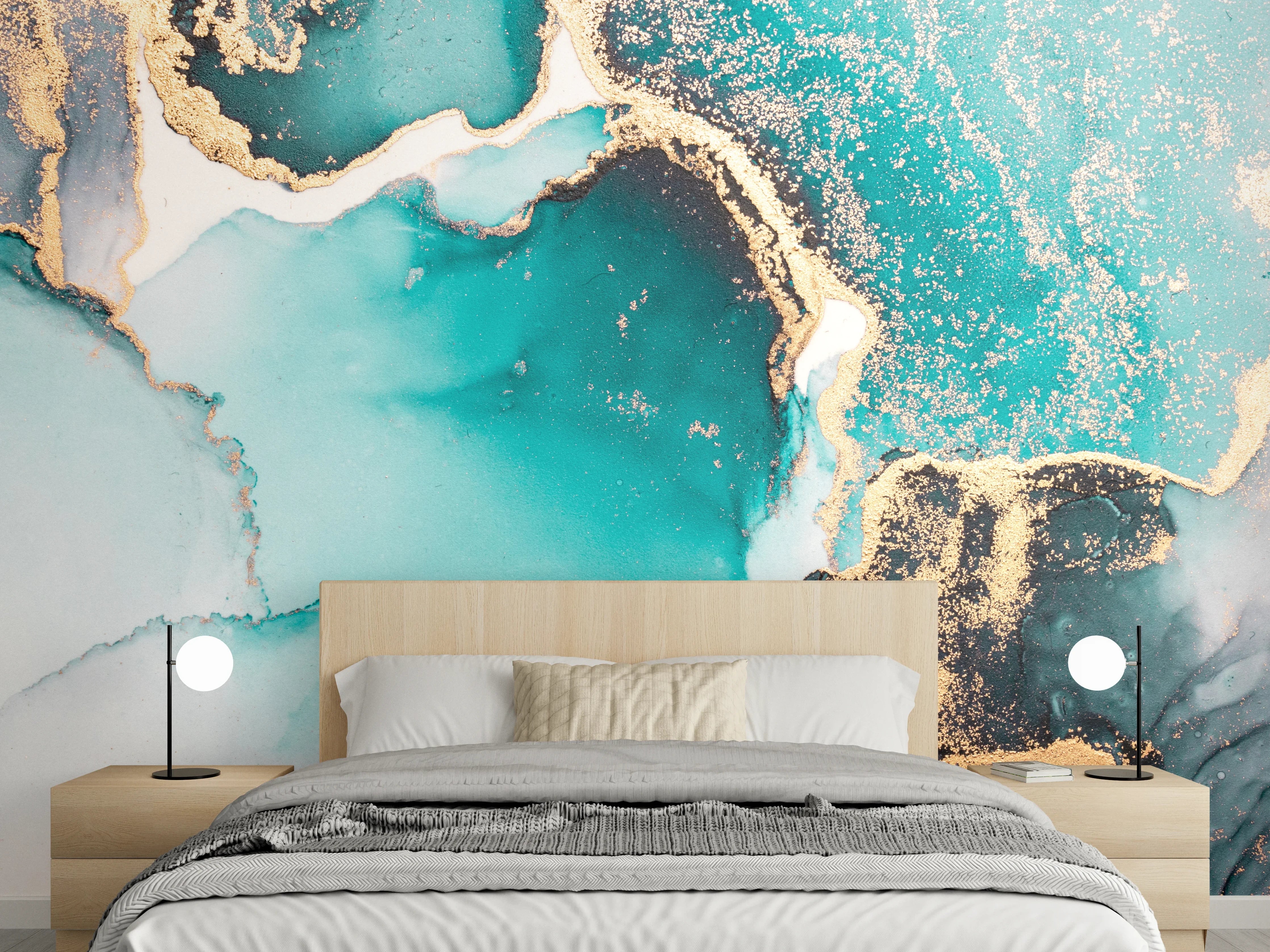 Wandverkleidung Schlafzimmer - Türkis-Goldenes Aquarell-Abstraktmotiv