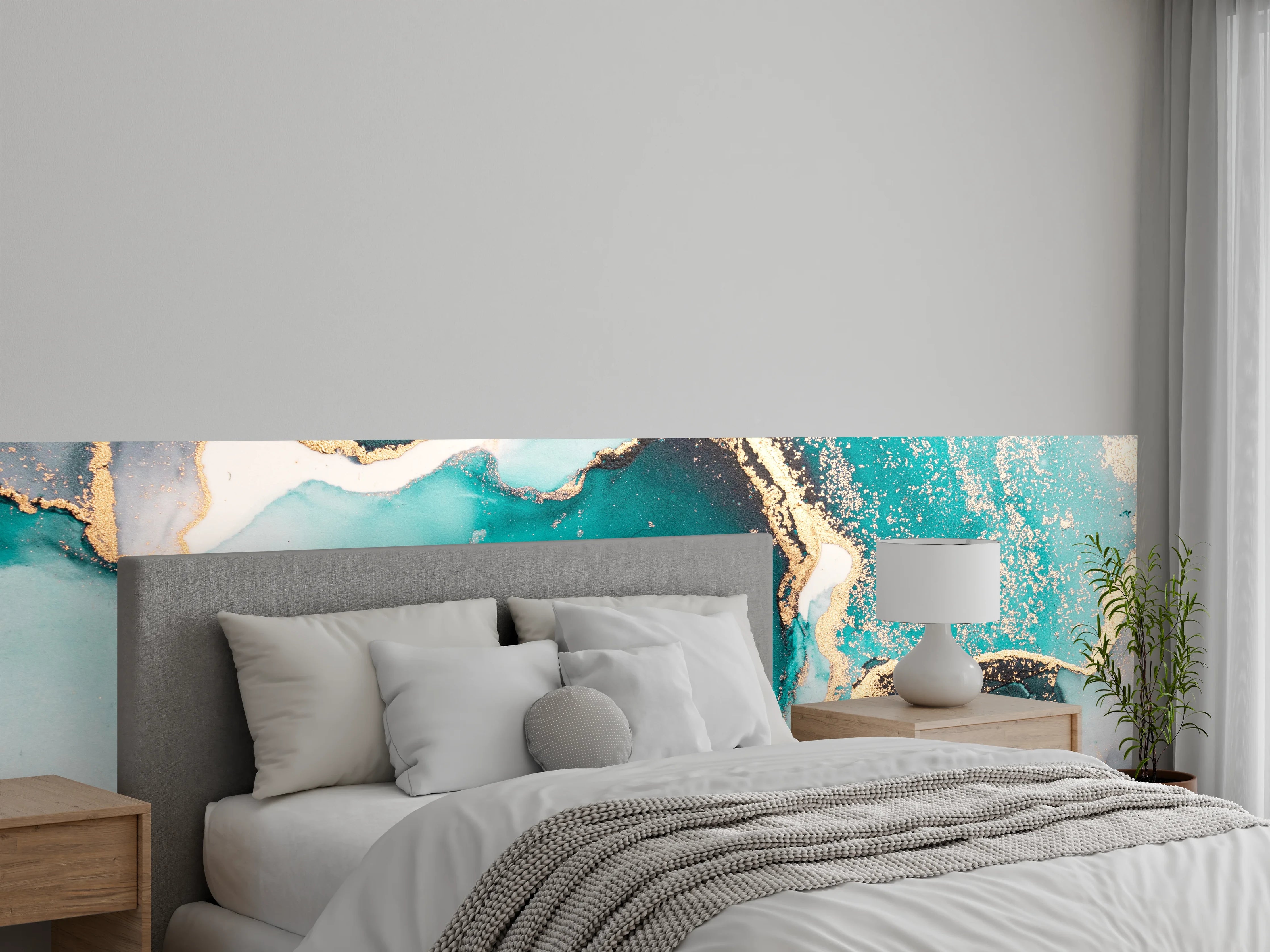 Wandverkleidung Schlafzimmer - Türkis-Goldenes Aquarell-Abstraktmotiv