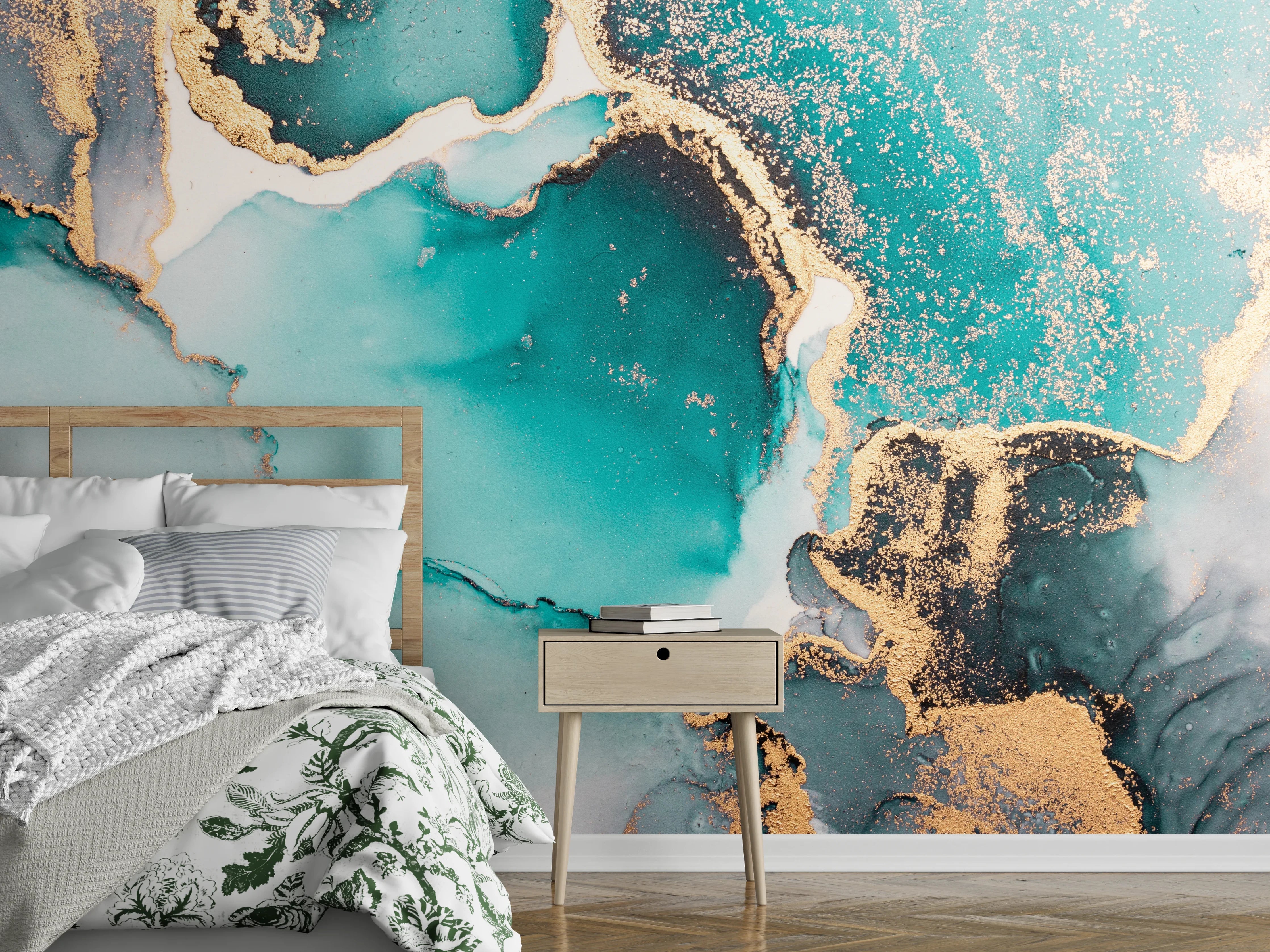 Wandverkleidung Schlafzimmer - Türkis-Goldenes Aquarell-Abstraktmotiv