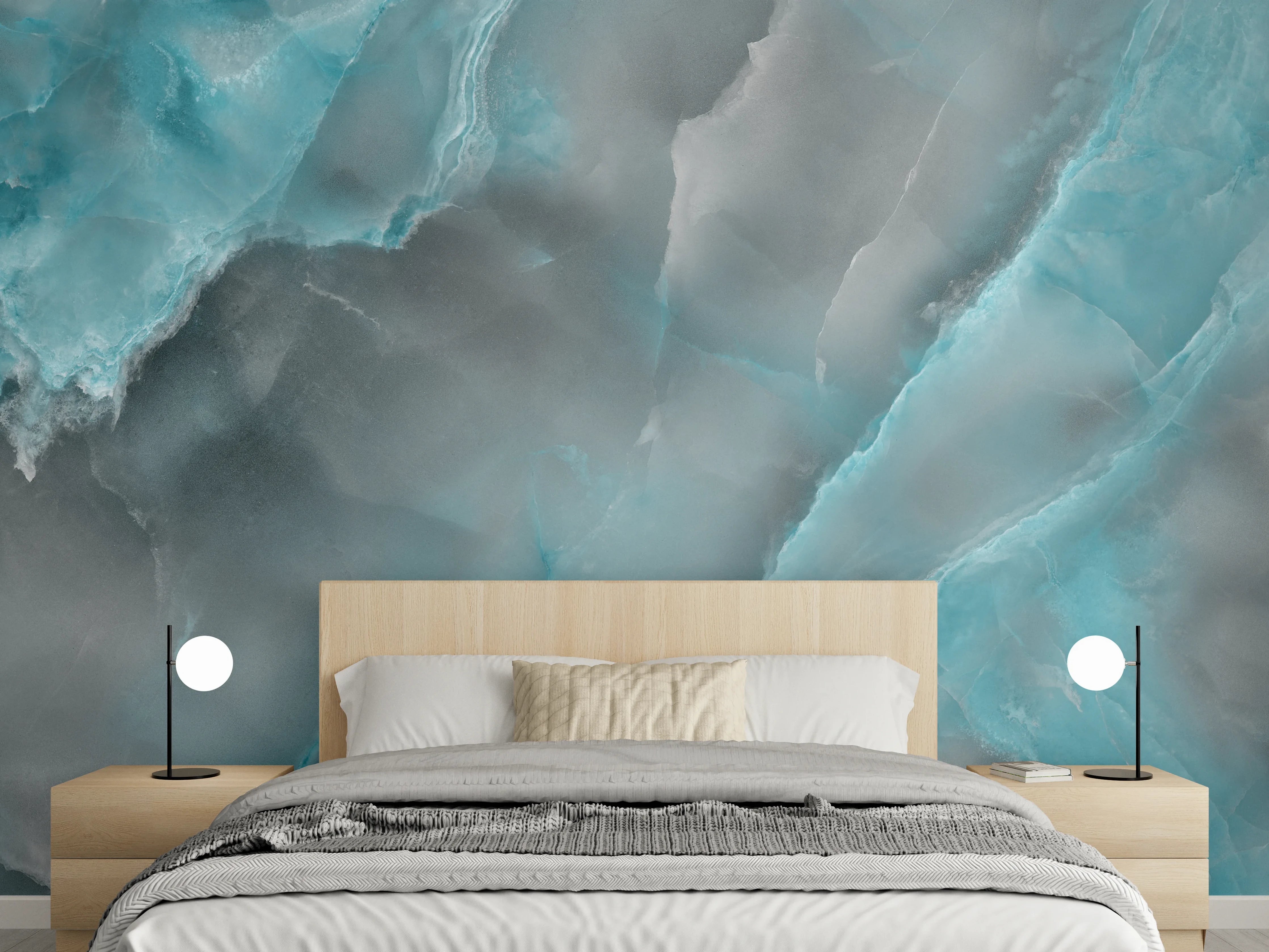 Wandverkleidung Schlafzimmer - Türkis-Grau-Steinmuster