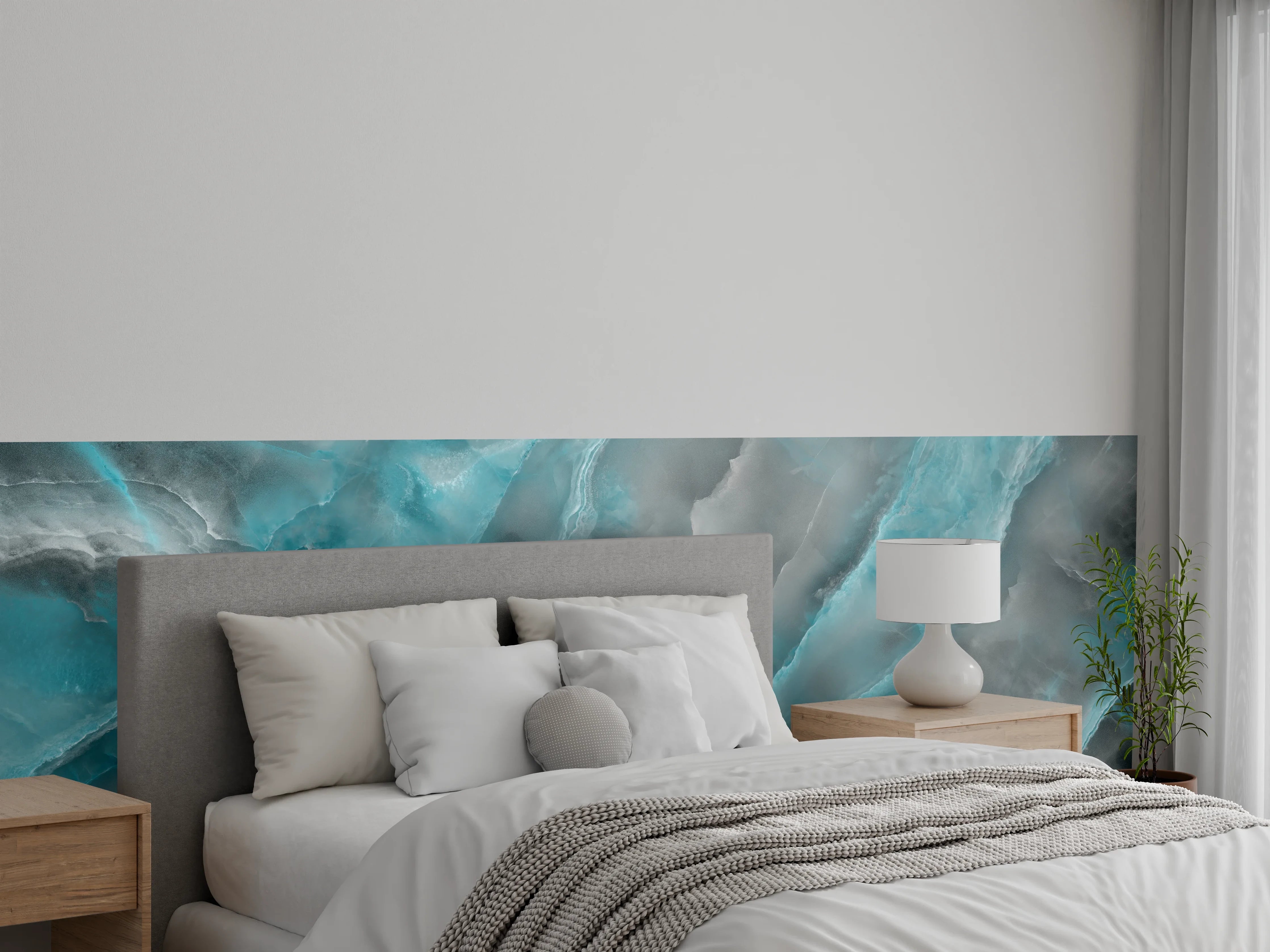 Wandverkleidung Schlafzimmer - Türkis-Grau-Steinmuster