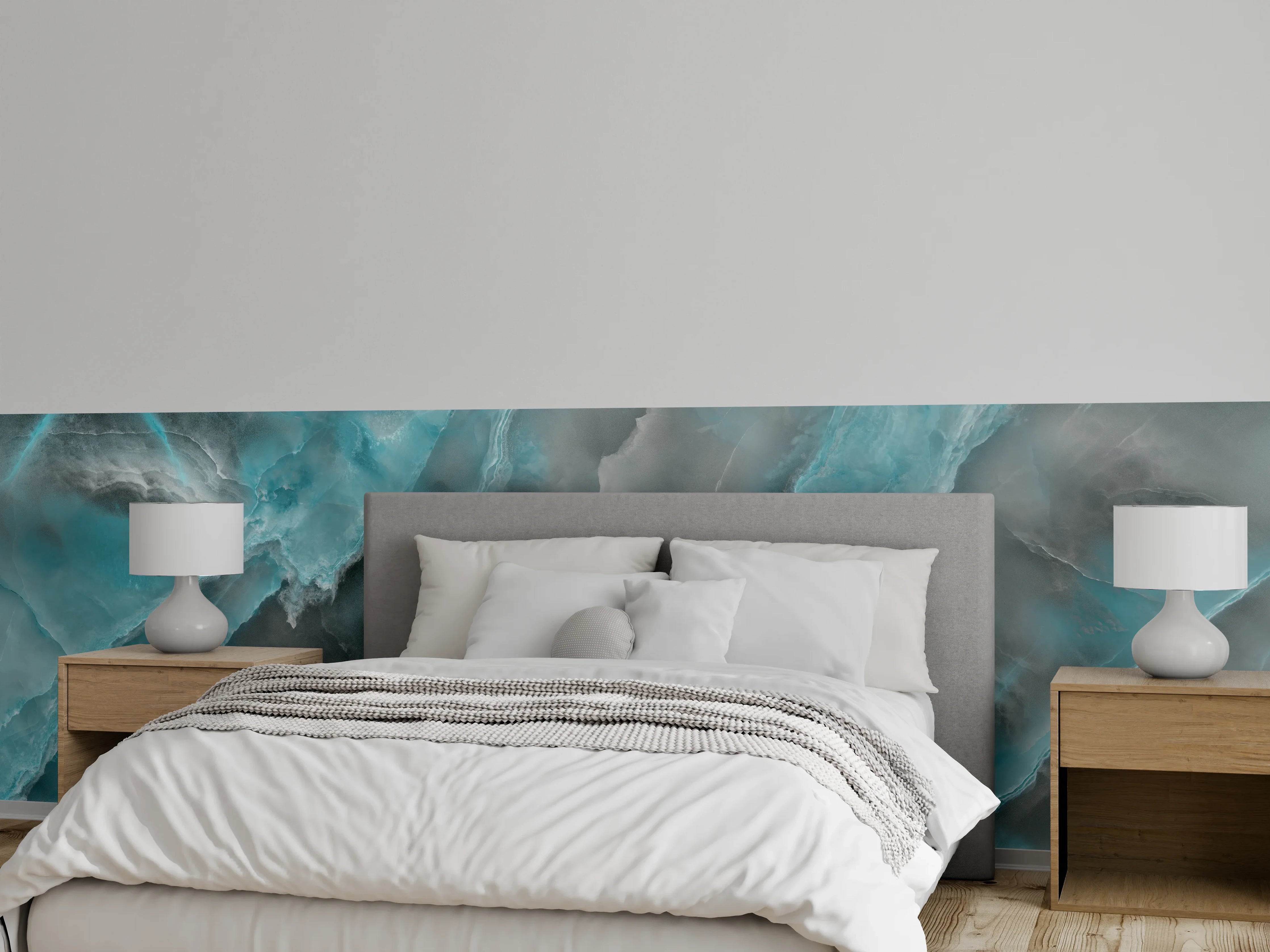 Wandverkleidung Schlafzimmer - Türkis-Grau-Steinmuster